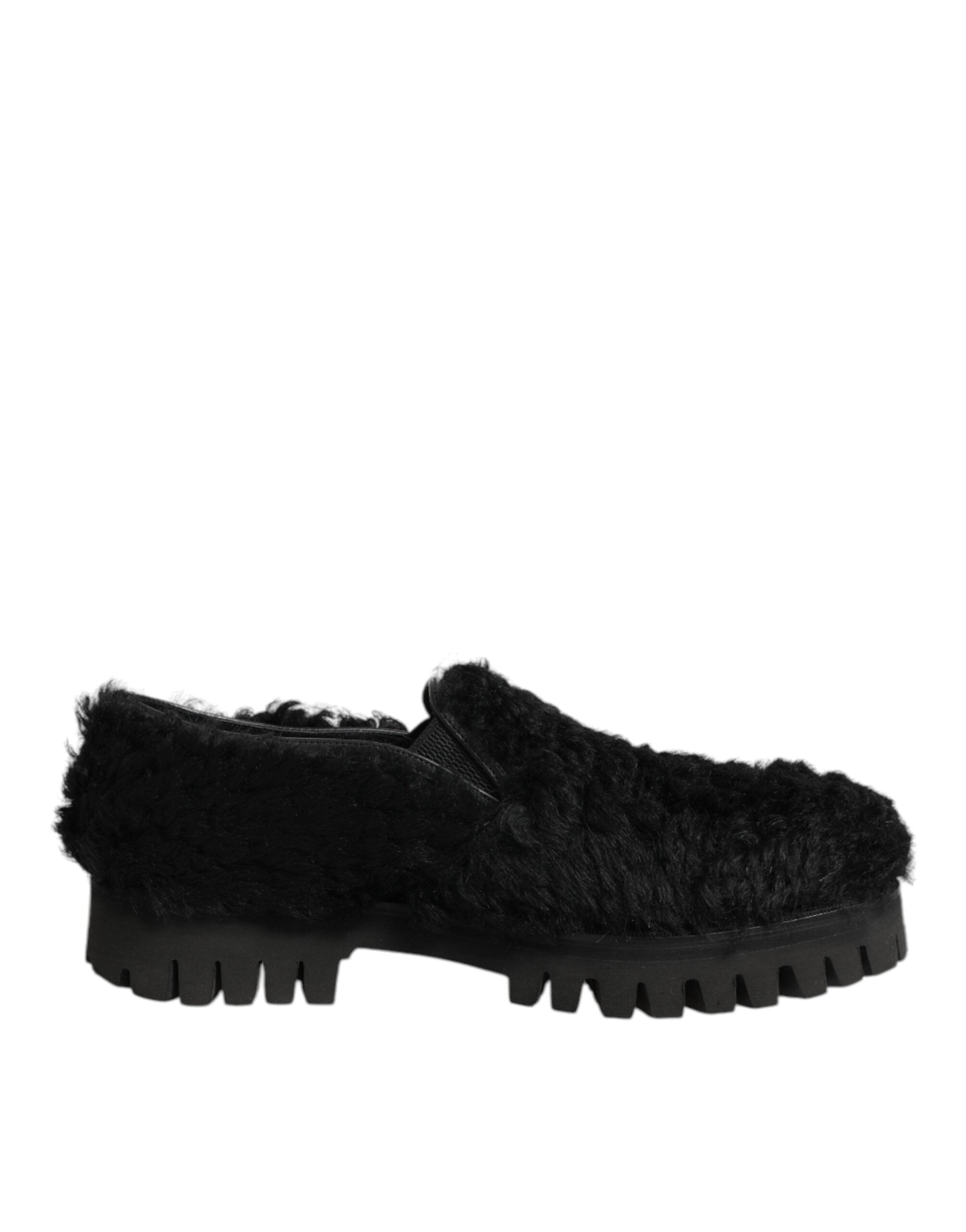 Dolce & Gabbana Dress Black Fur Leather Slippers Men's Shoes-2