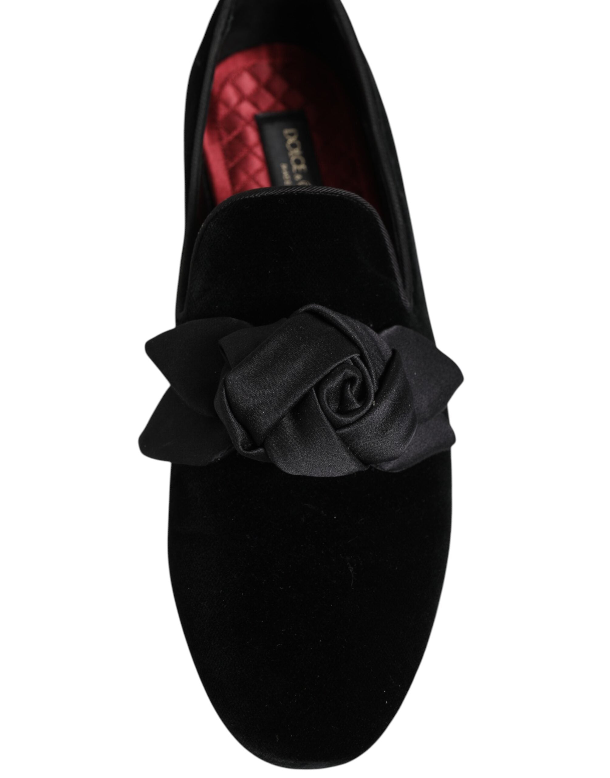 Dolce & Gabbana Black Suede Cotton Rose Slip On Loafers Shoes-8