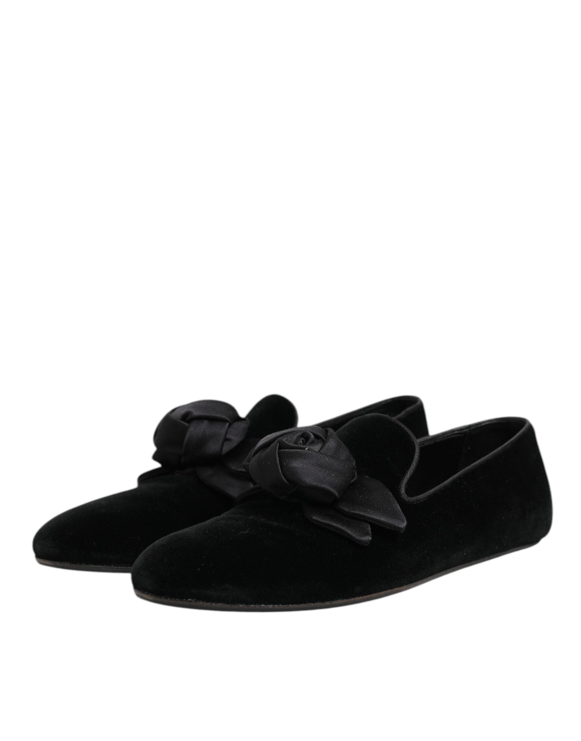 Dolce & Gabbana Black Suede Cotton Rose Slip On Loafers Shoes-4