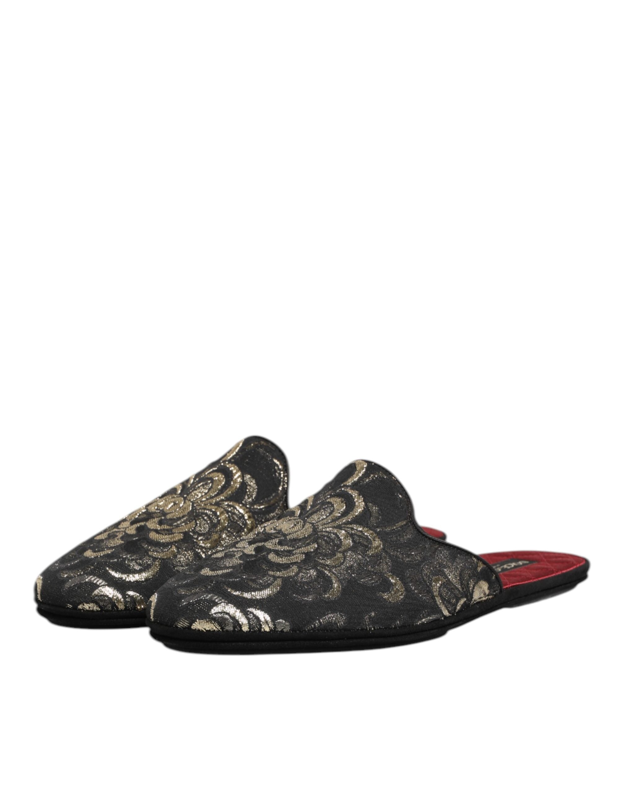 Dolce & Gabbana Black Floral Jacquard Slippers Shoes-5
