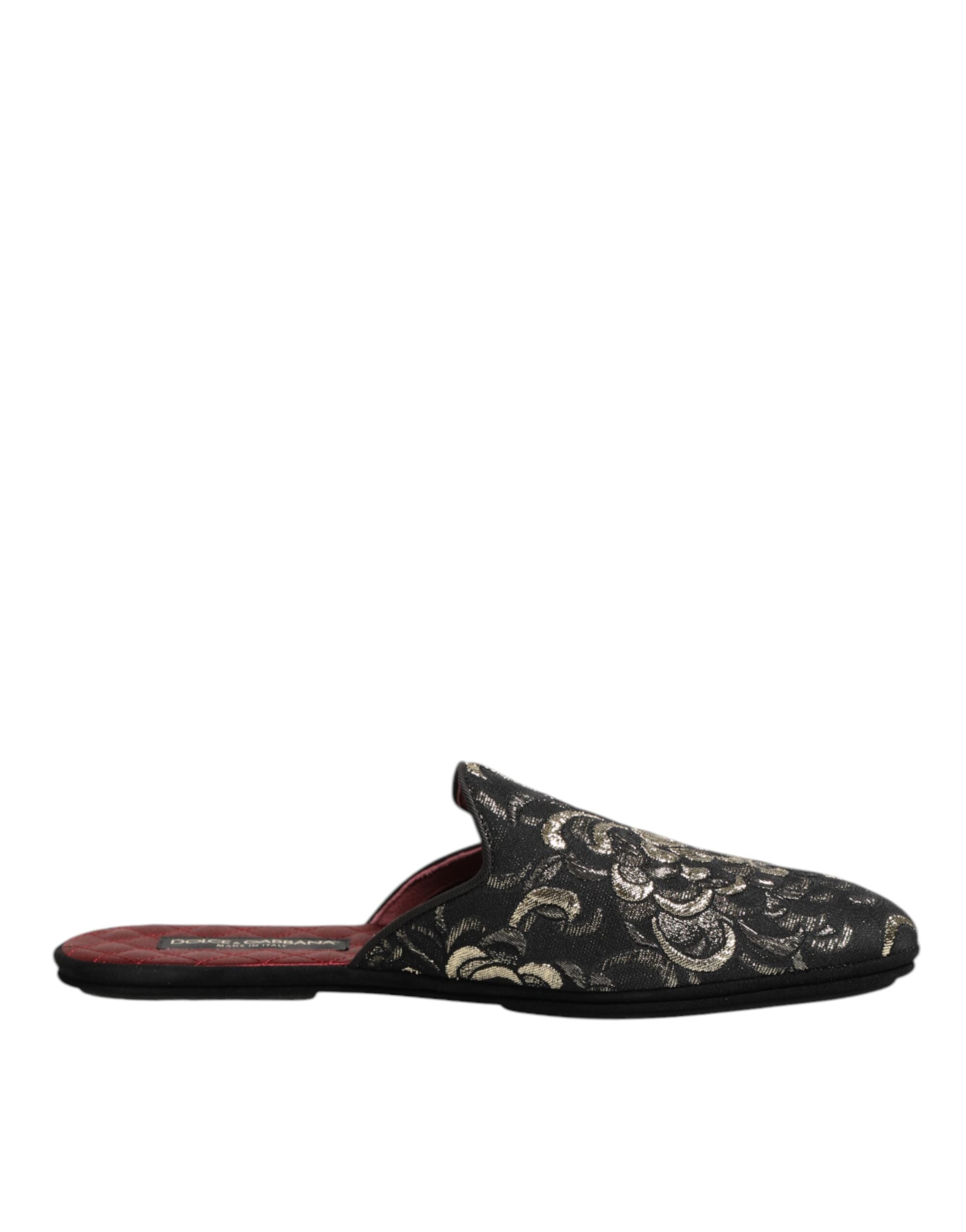 Dolce & Gabbana Black Floral Jacquard Slippers Shoes-1
