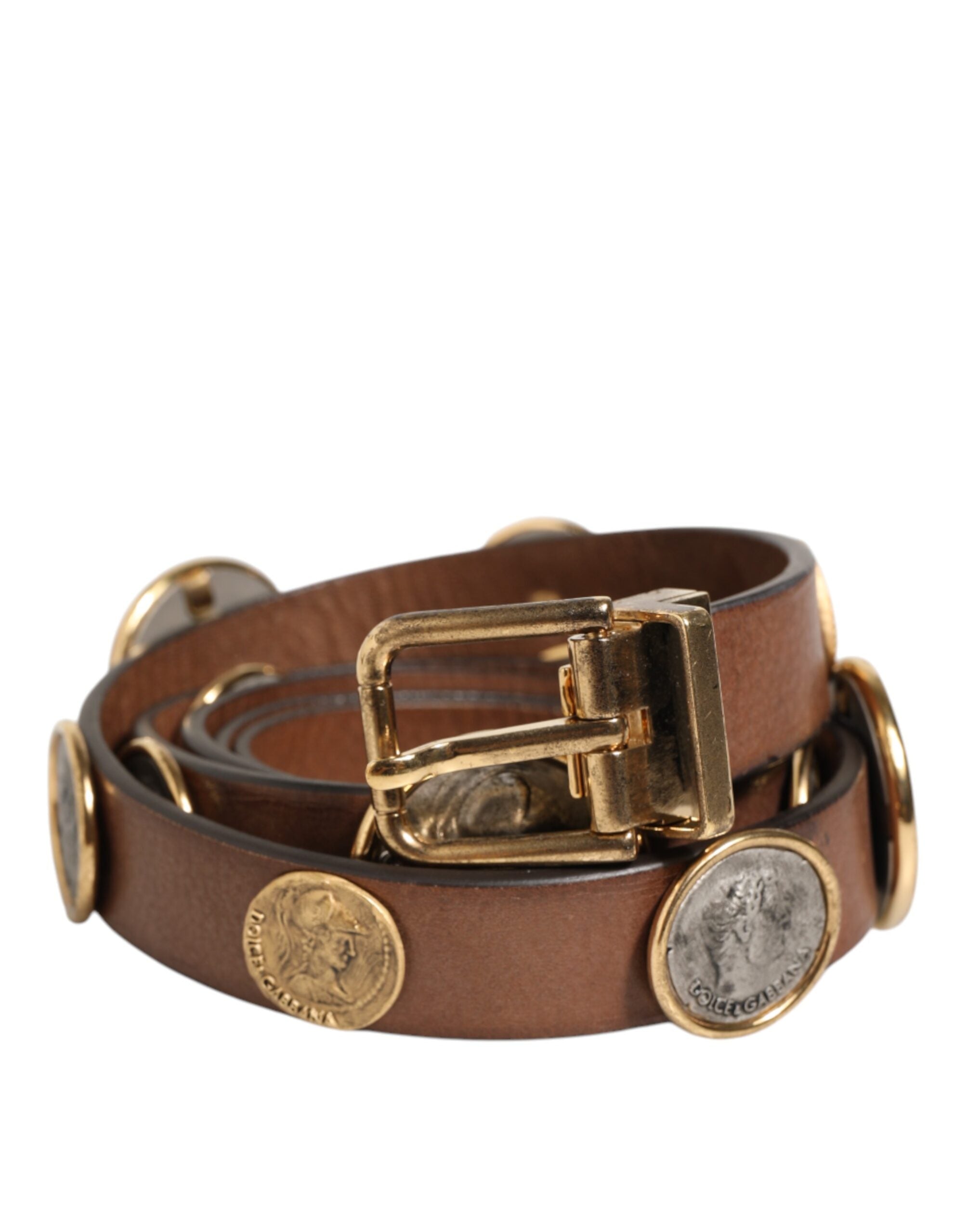 Dolce & Gabbana Brown Leather Gold Silver Coin Buckle Belt-2