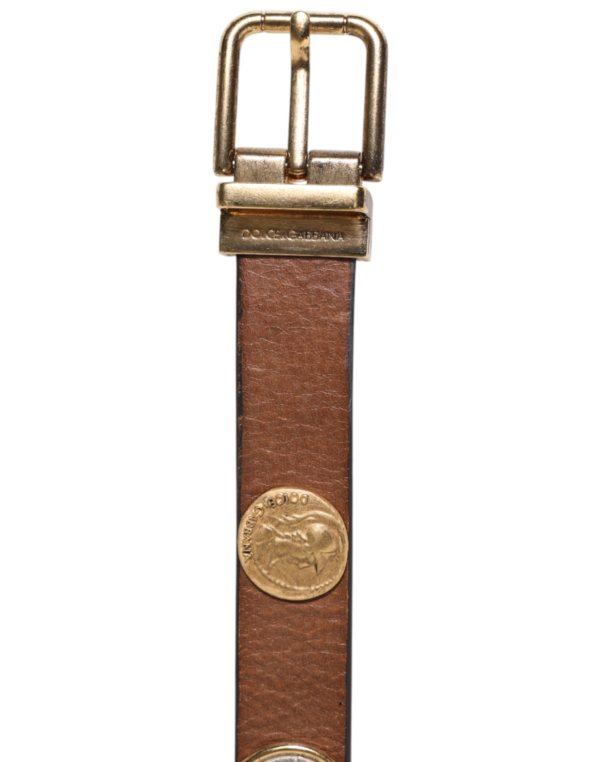 Dolce & Gabbana Brown Leather Gold Silver Coin Buckle Belt-3