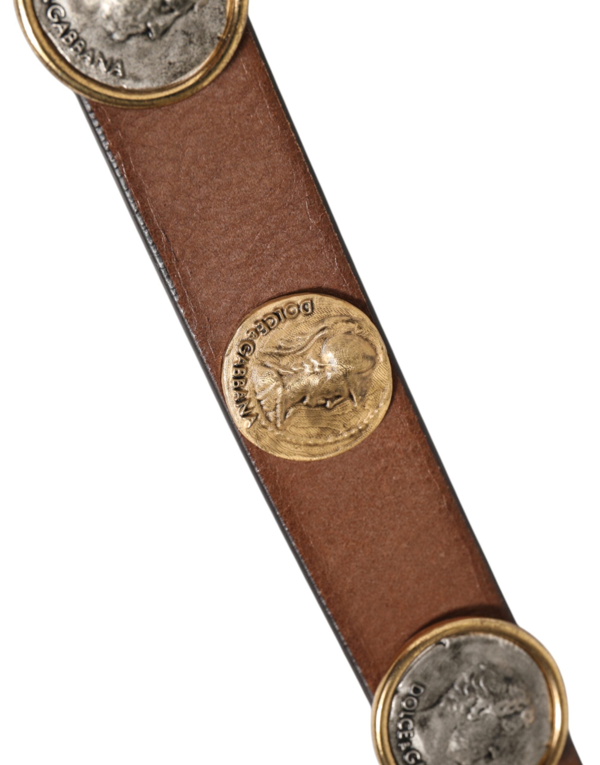 Dolce & Gabbana Brown Leather Gold Silver Coin Buckle Belt-4