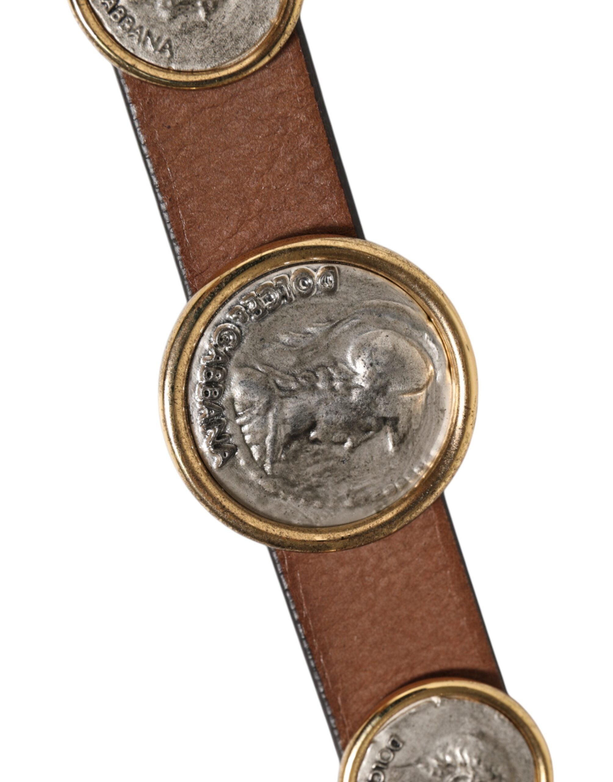 Dolce & Gabbana Brown Leather Gold Silver Coin Buckle Belt-5
