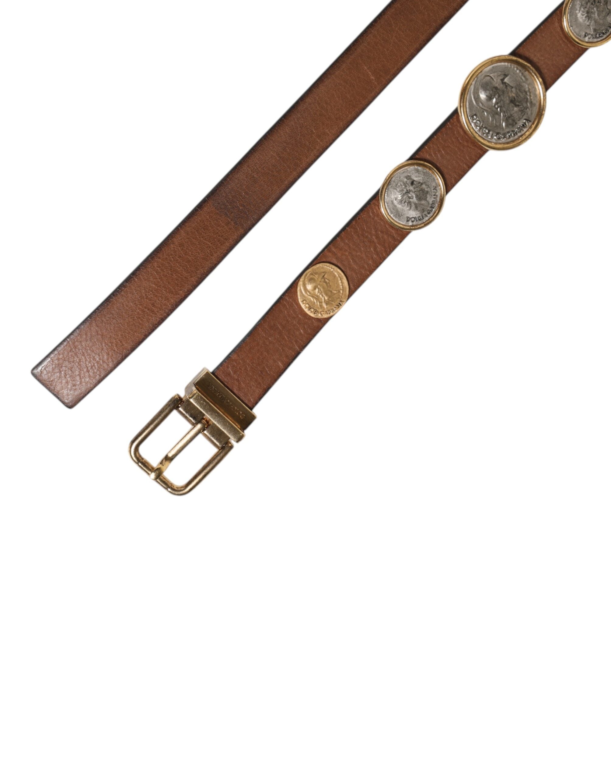 Dolce & Gabbana Brown Leather Gold Silver Coin Buckle Belt-7