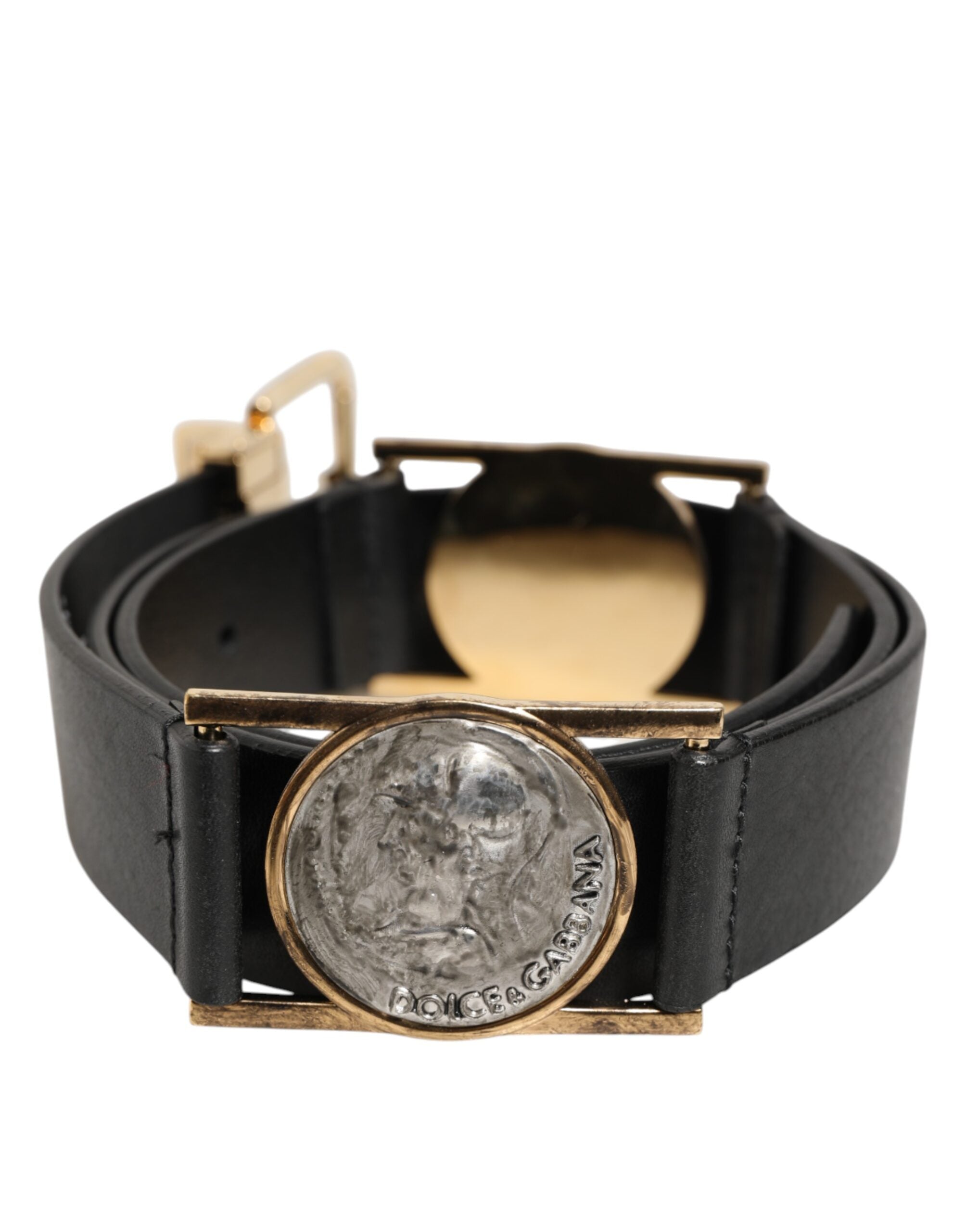 Dolce & Gabbana Black Leather Gold Silver Coin Buckle Belt-4