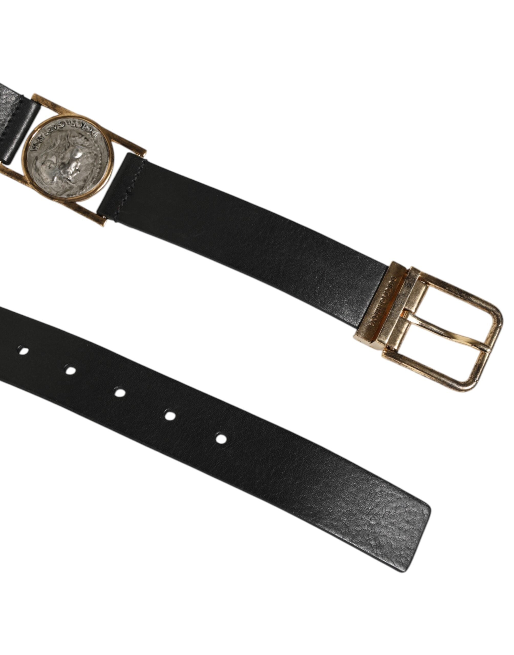 Dolce & Gabbana Black Leather Gold Silver Coin Buckle Belt-5