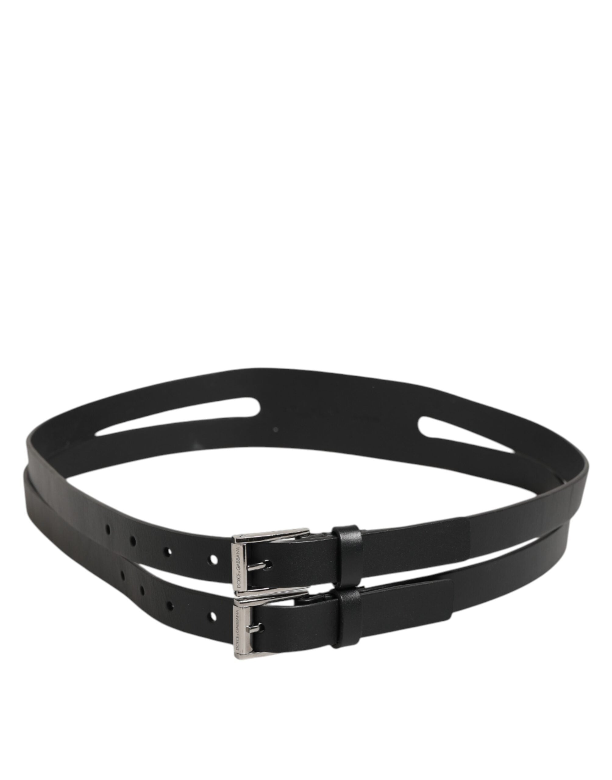 Dolce & Gabbana Schwarzer Doppelriemen-Ledergürtel mit Silberschnalle-6