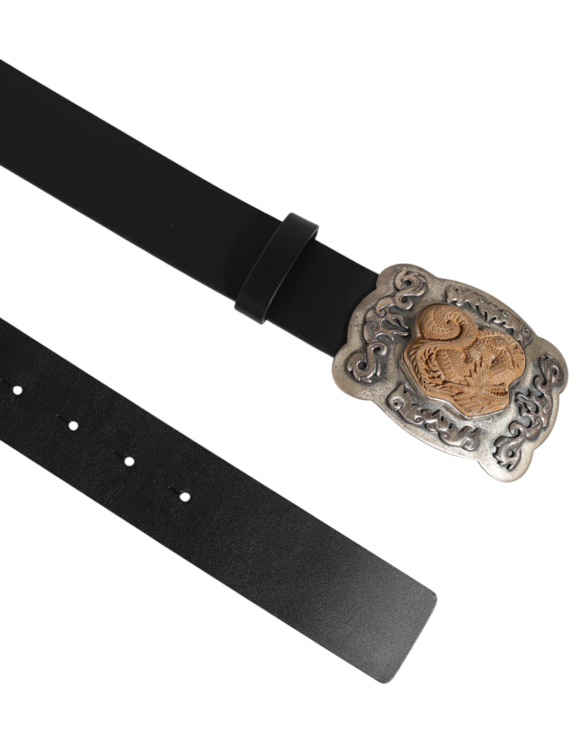 Dolce & Gabbana Schwarzer Leder Gothic Dragon Metallschnalle Gürtel-3