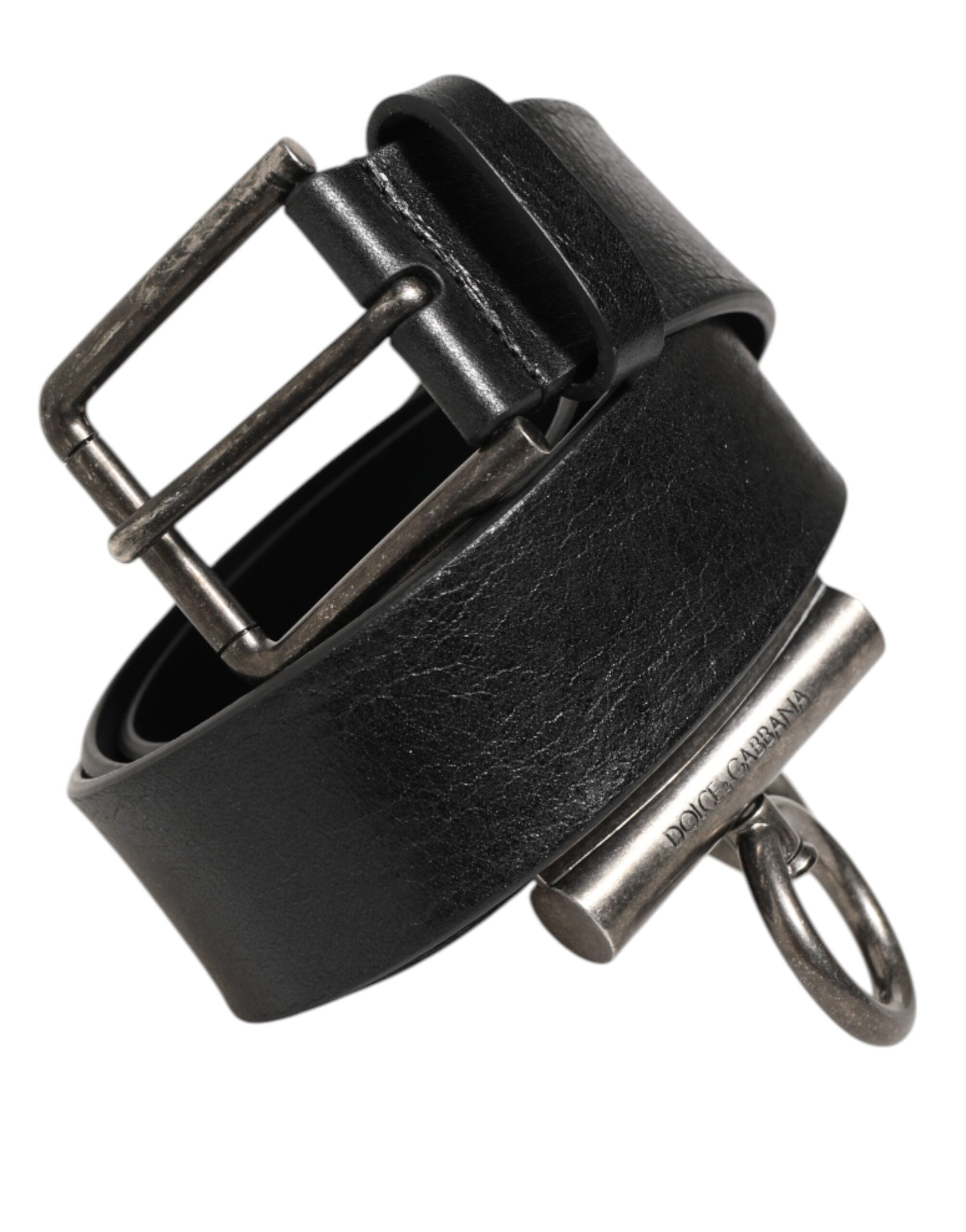 Dolce & Gabbana Black Leather Side Rings Brass Buckle Belt-2