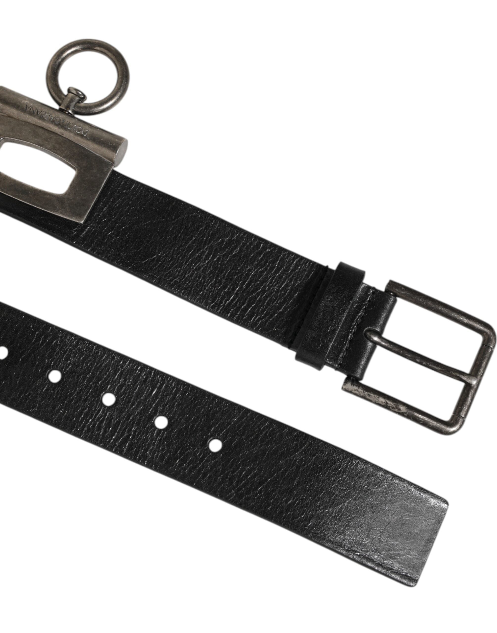 Dolce & Gabbana Black Leather Side Rings Brass Buckle Belt-5