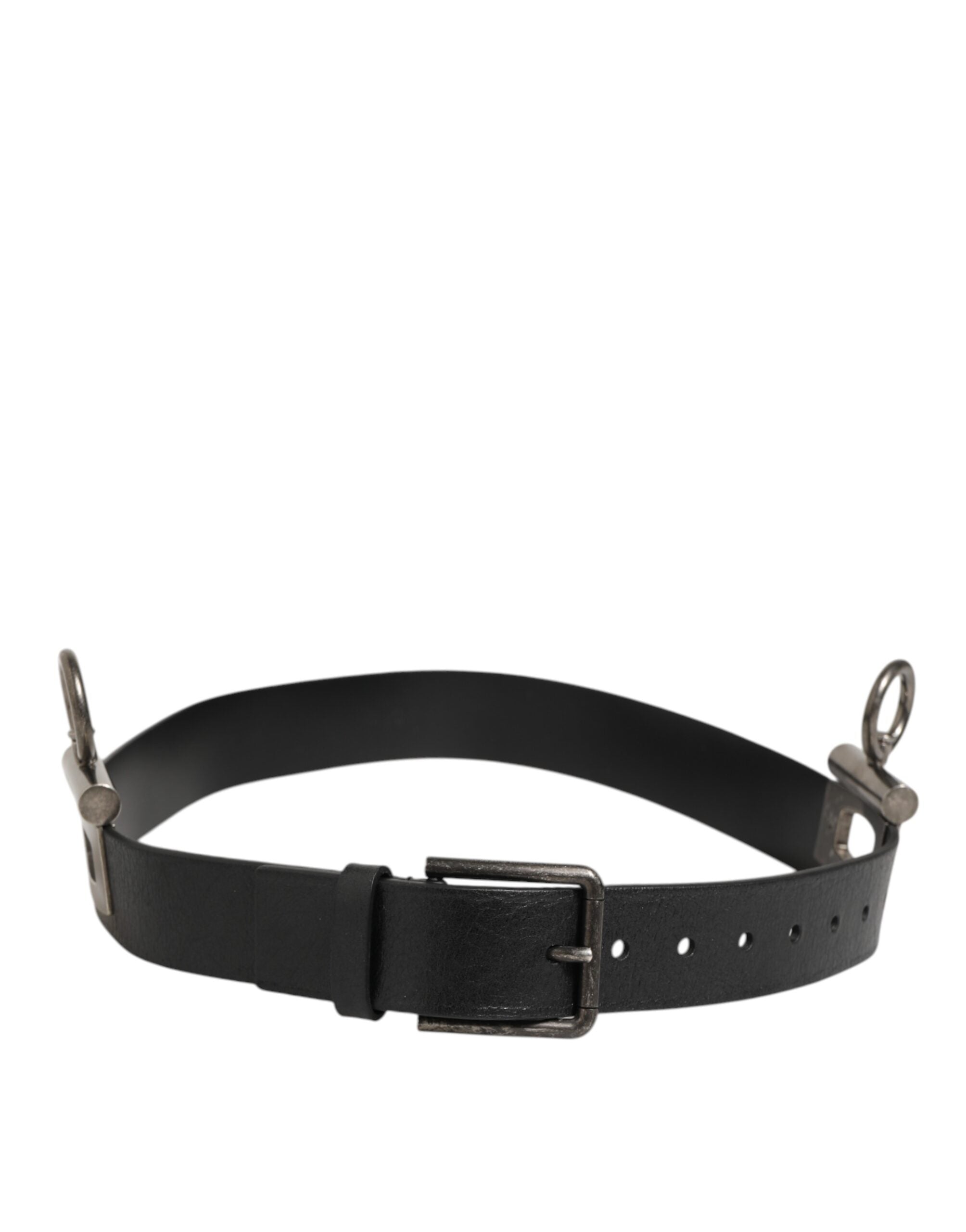 Dolce & Gabbana Black Leather Side Rings Brass Buckle Belt-6