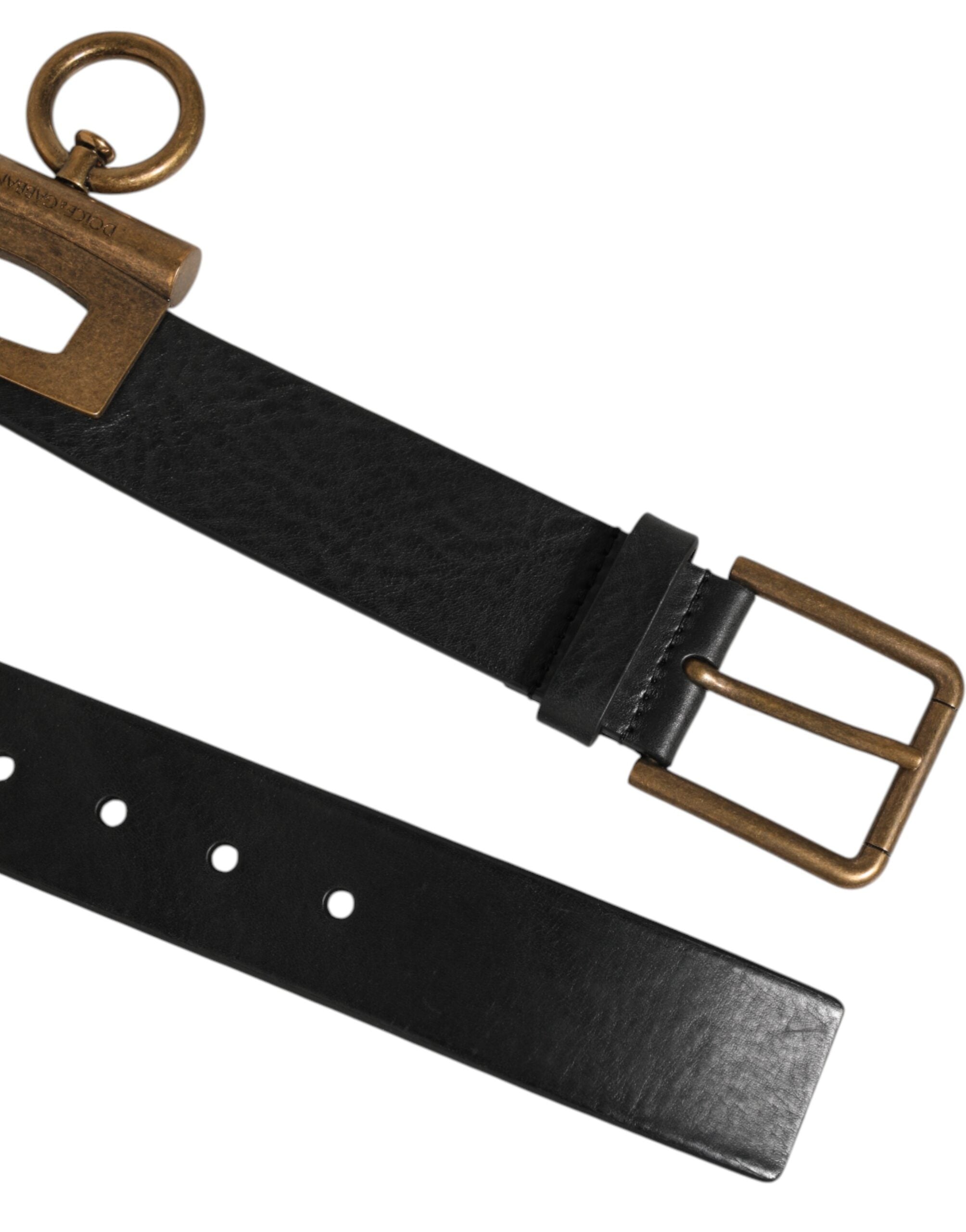 Dolce & Gabbana Black Leather Side Rings Brass Buckle Belt-4