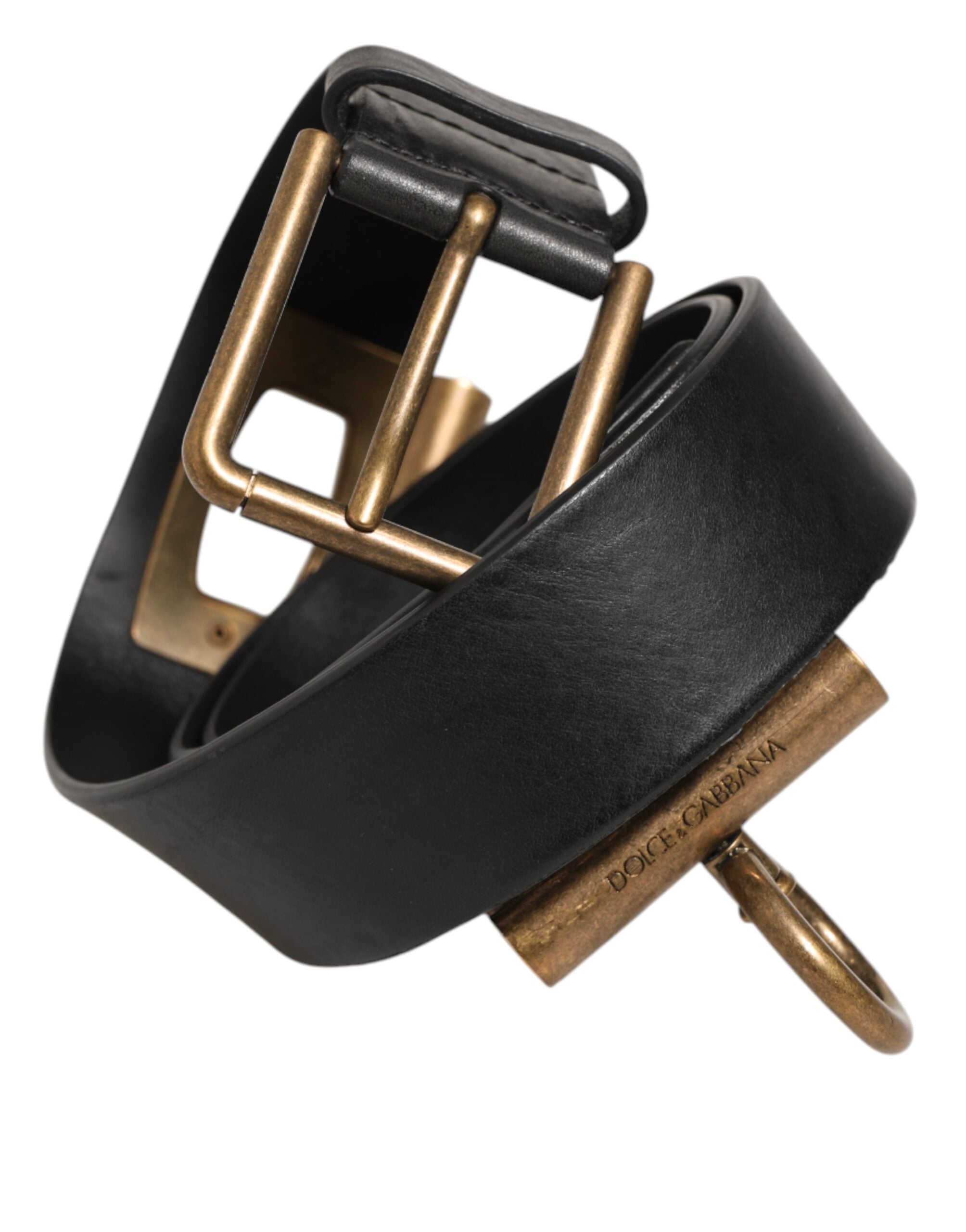 Dolce & Gabbana Black Leather Side Rings Brass Buckle Belt-2