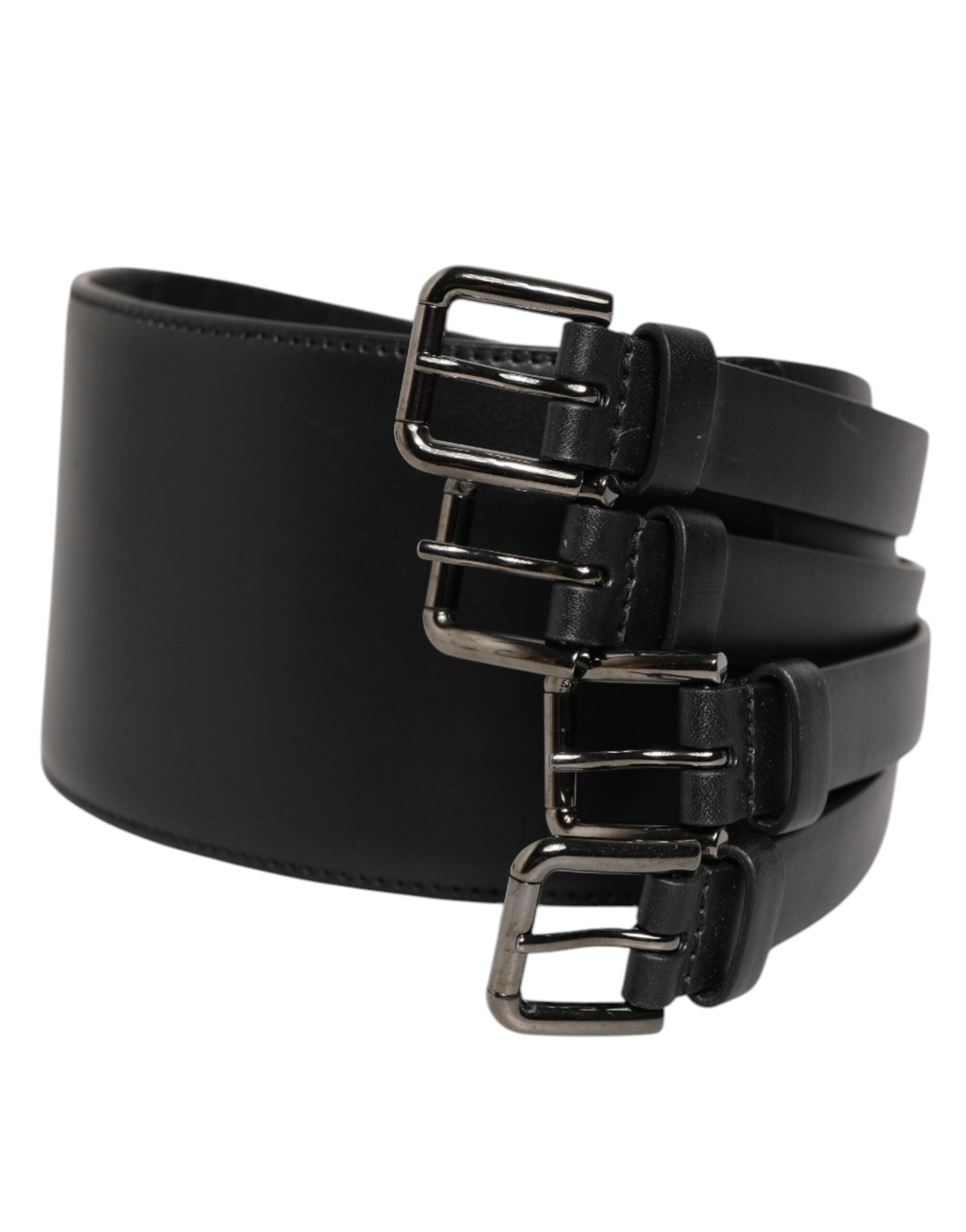 Dolce & Gabbana Black Leather 4-Strap Metal Belt with Multiple Buckles