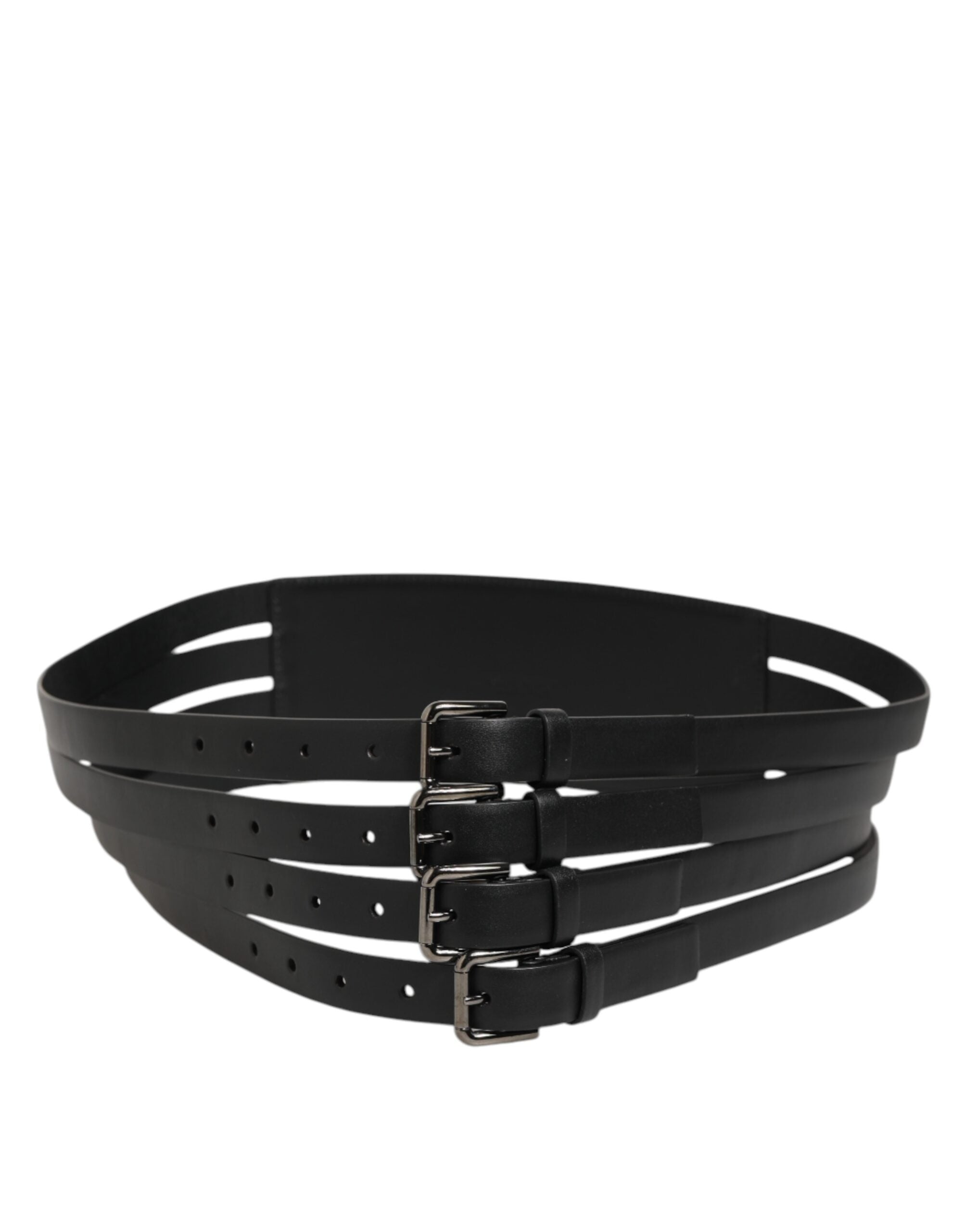 Dolce & Gabbana Schwarzer Leder-4-Riemen-Metall-Gürtel mit mehreren Schnallen-6