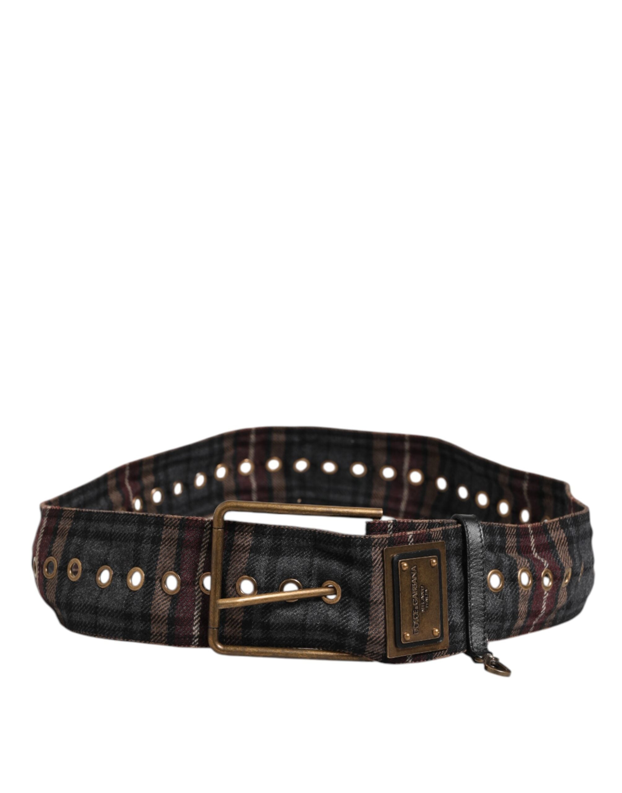 Dolce & Gabbana Plaid Fabric Logo Plate Brass Buckle Belt-4