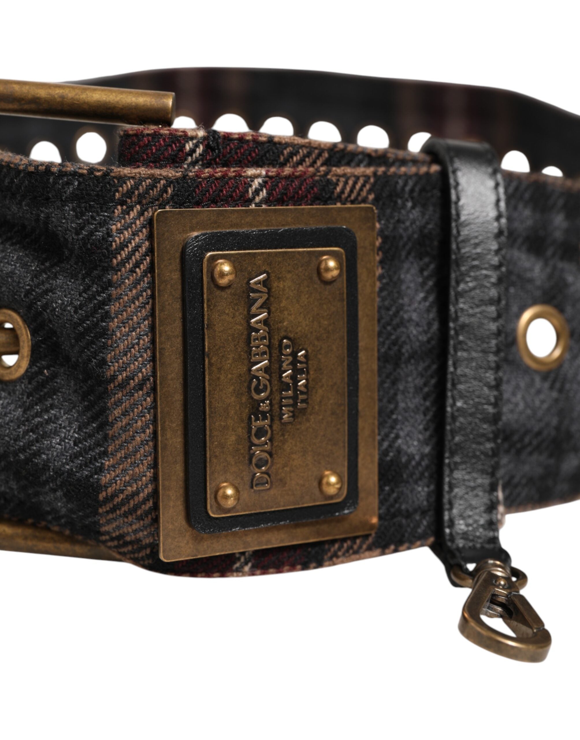 Dolce & Gabbana Plaid Fabric Logo Plate Brass Buckle Belt-5