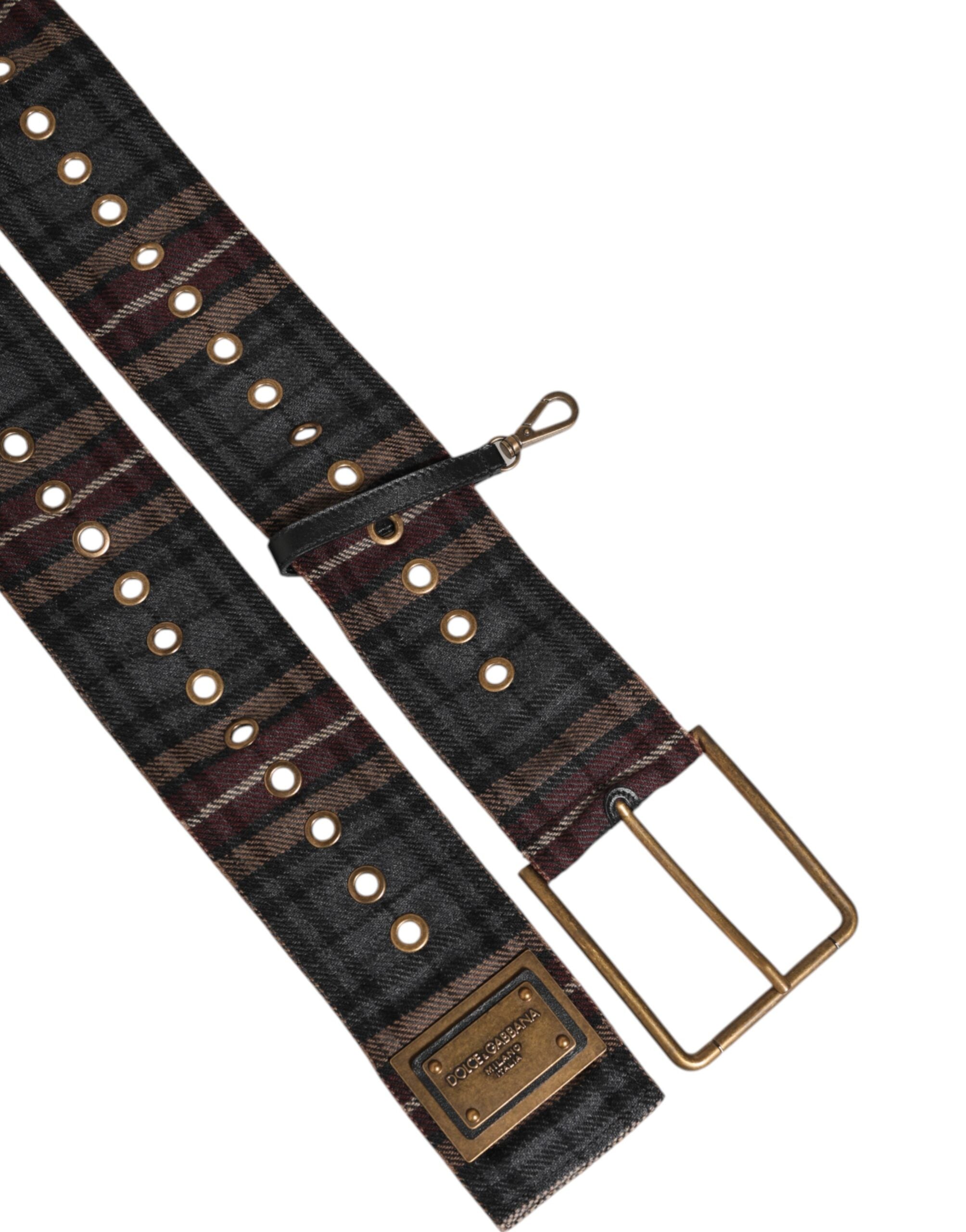 Dolce & Gabbana Plaid Fabric Logo Plate Brass Buckle Belt-6