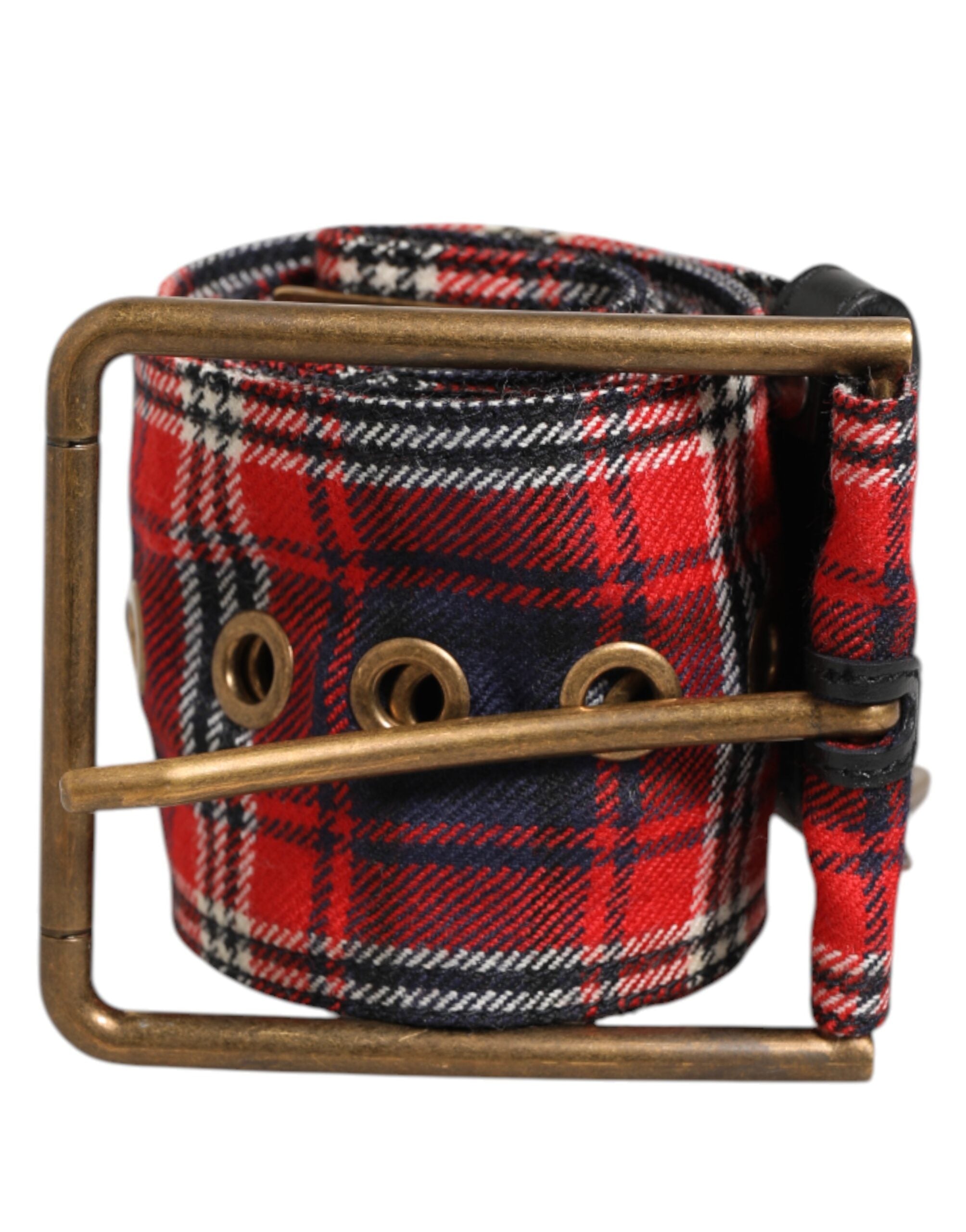 Dolce & Gabbana Red Check Fabric Logo Plate Brass Buckle Belt