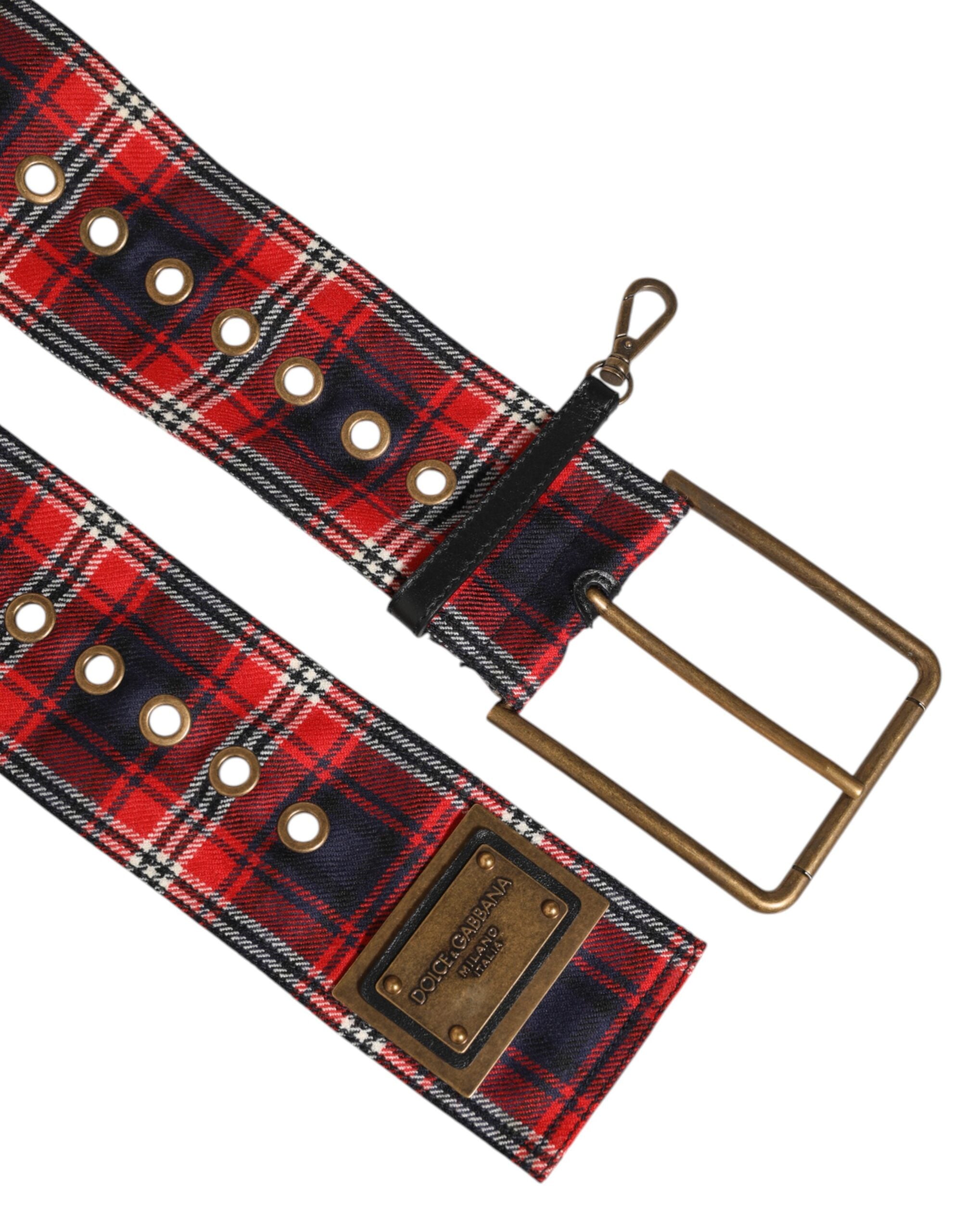 Dolce & Gabbana Red Check Fabric Logo Plate Brass Buckle Belt-3
