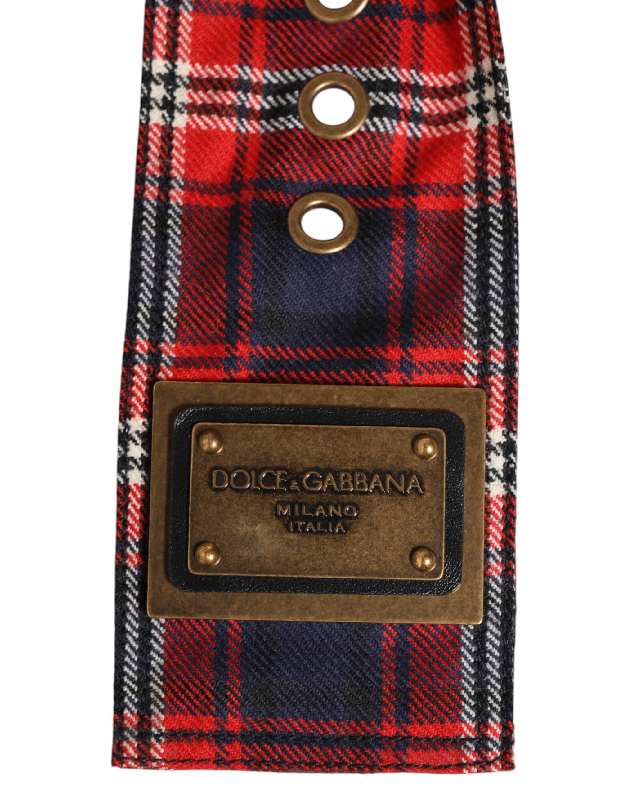 Dolce & Gabbana Red Check Fabric Logo Plate Brass Buckle Belt-4