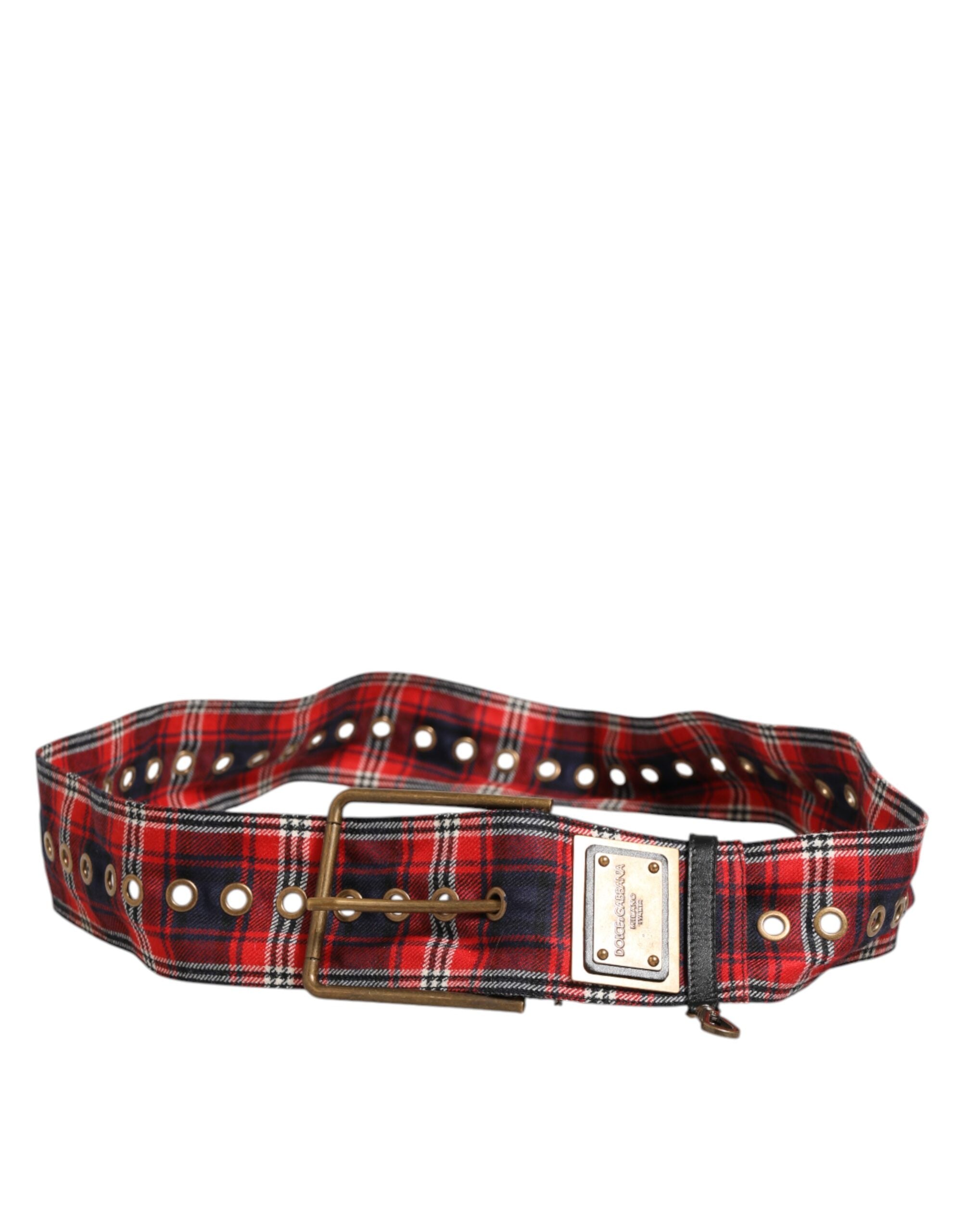 Dolce & Gabbana Red Check Fabric Logo Plate Brass Buckle Belt-5