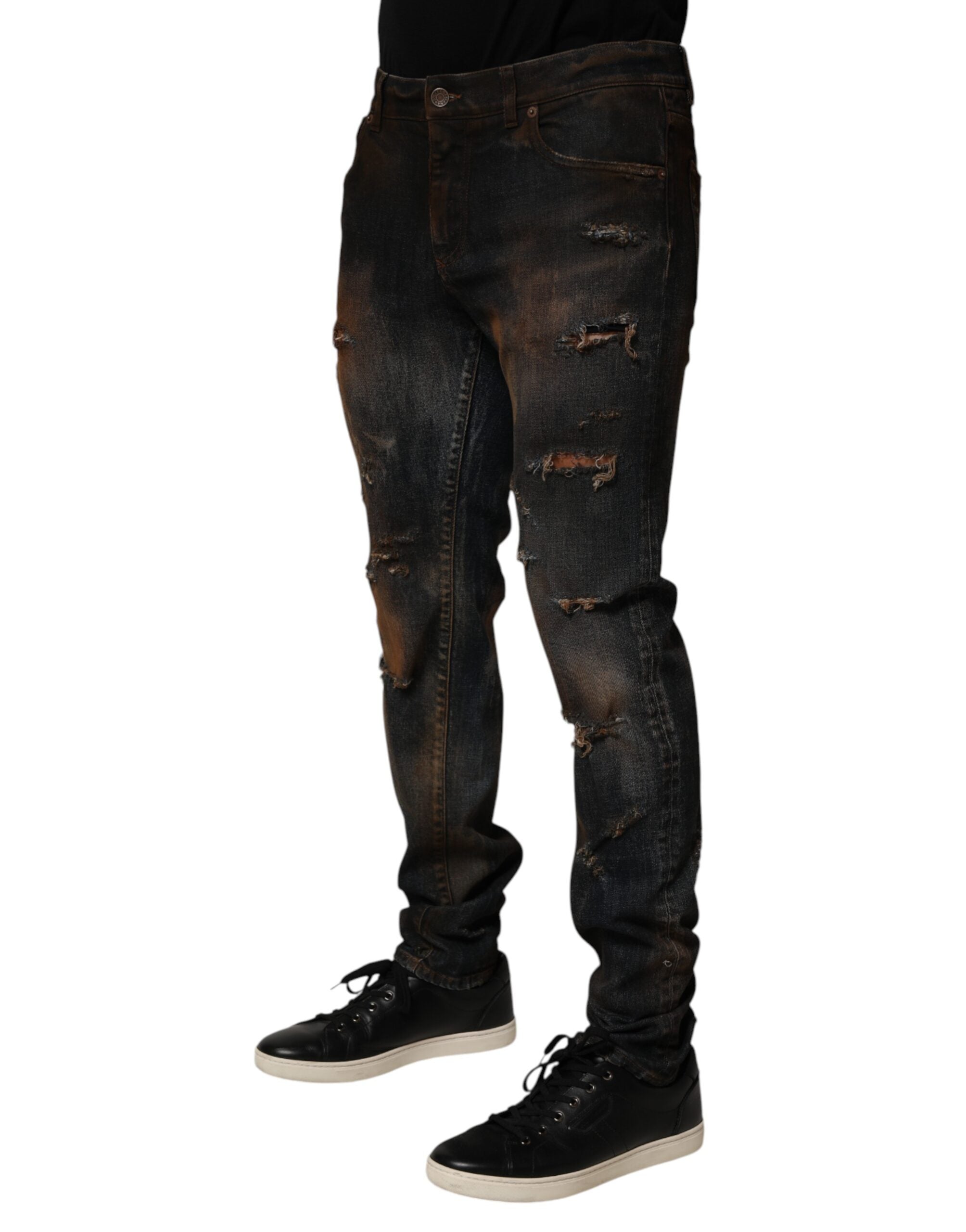 Dolce & Gabbana Black Cotton Skinny Tattered Men's Denim Jeans-3