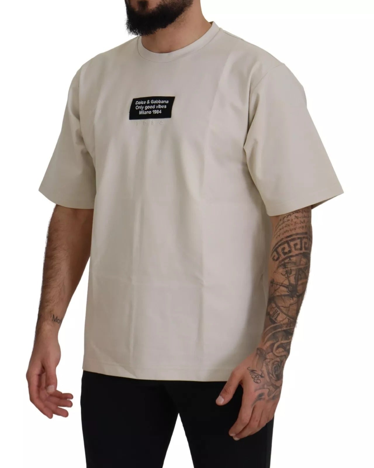 Dolce & Gabbana Ivory Cotton Ivory Printed Crew Neck-5