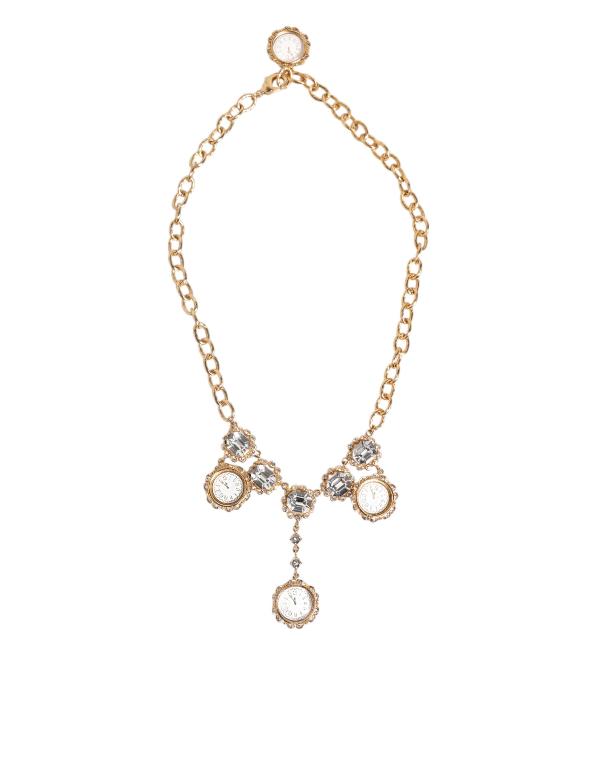 Dolce & Gabbana Gold Crystal Clock Pendant Statement Jewelry Necklace-2