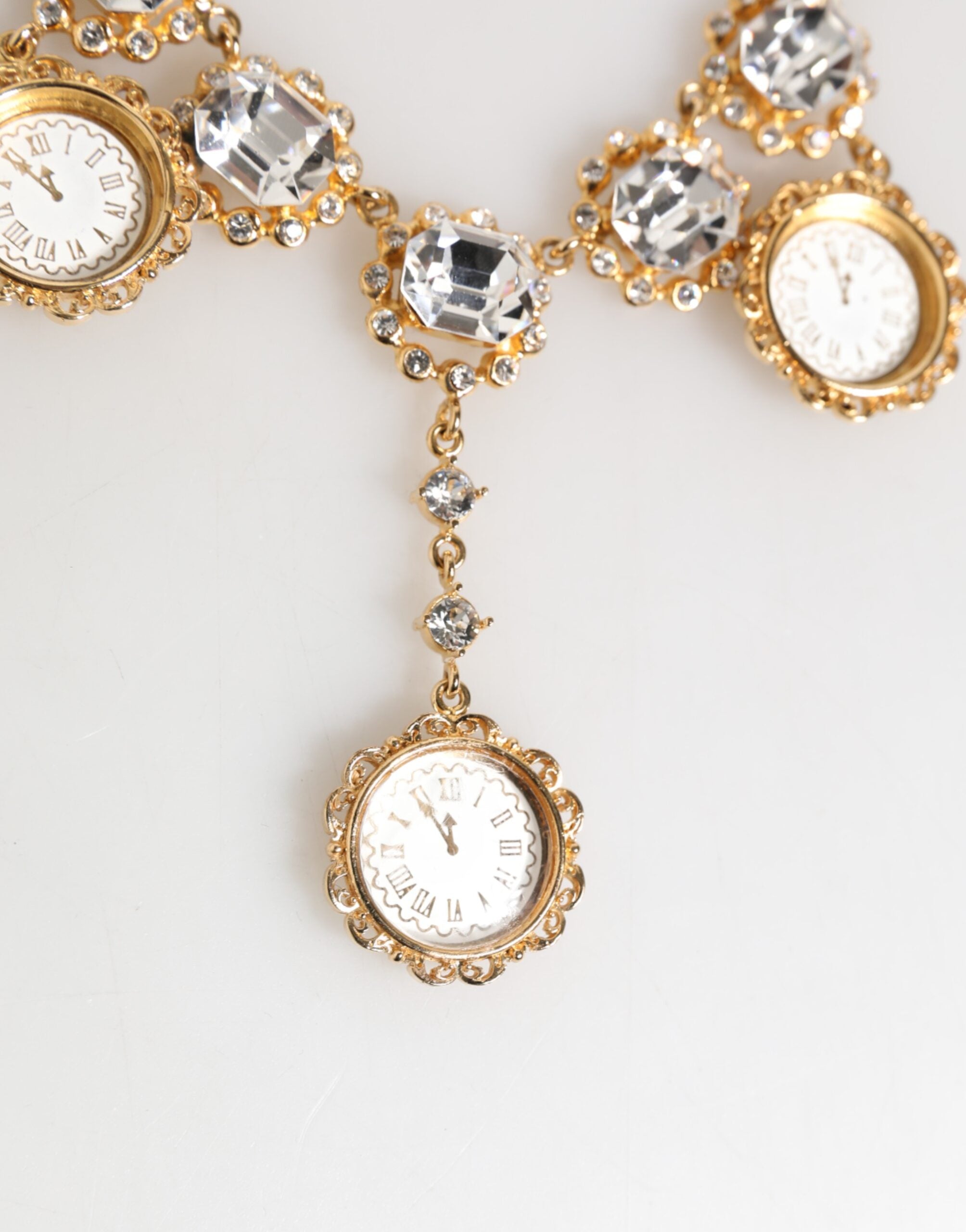 Dolce & Gabbana Gold Crystal Clock Pendant Statement Jewelry Necklace-3