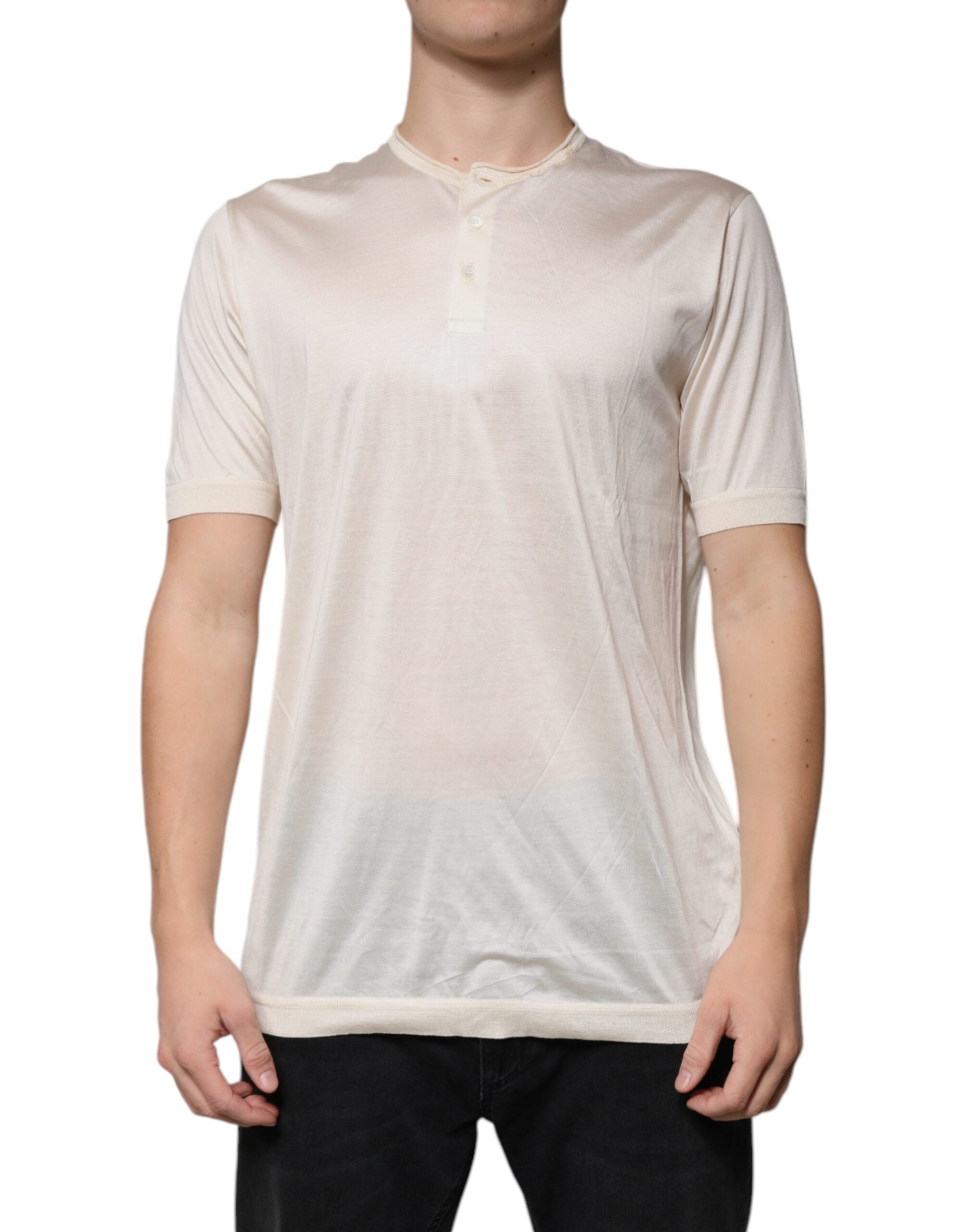 Dolce & Gabbana Off White Silk Henley short-sleeved T-shirt-1