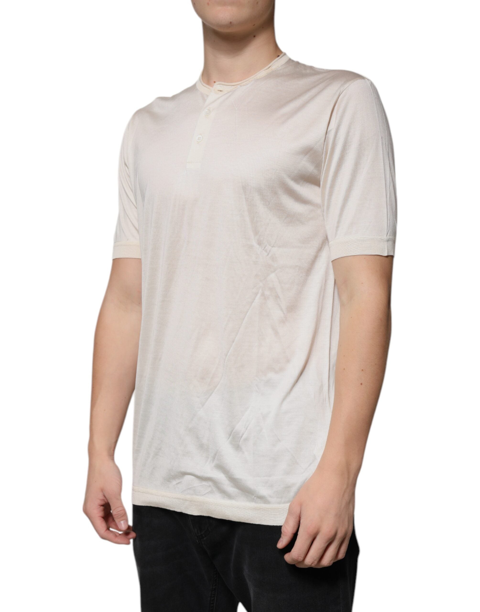 Dolce & Gabbana Off White Silk Henley short-sleeved T-shirt-3