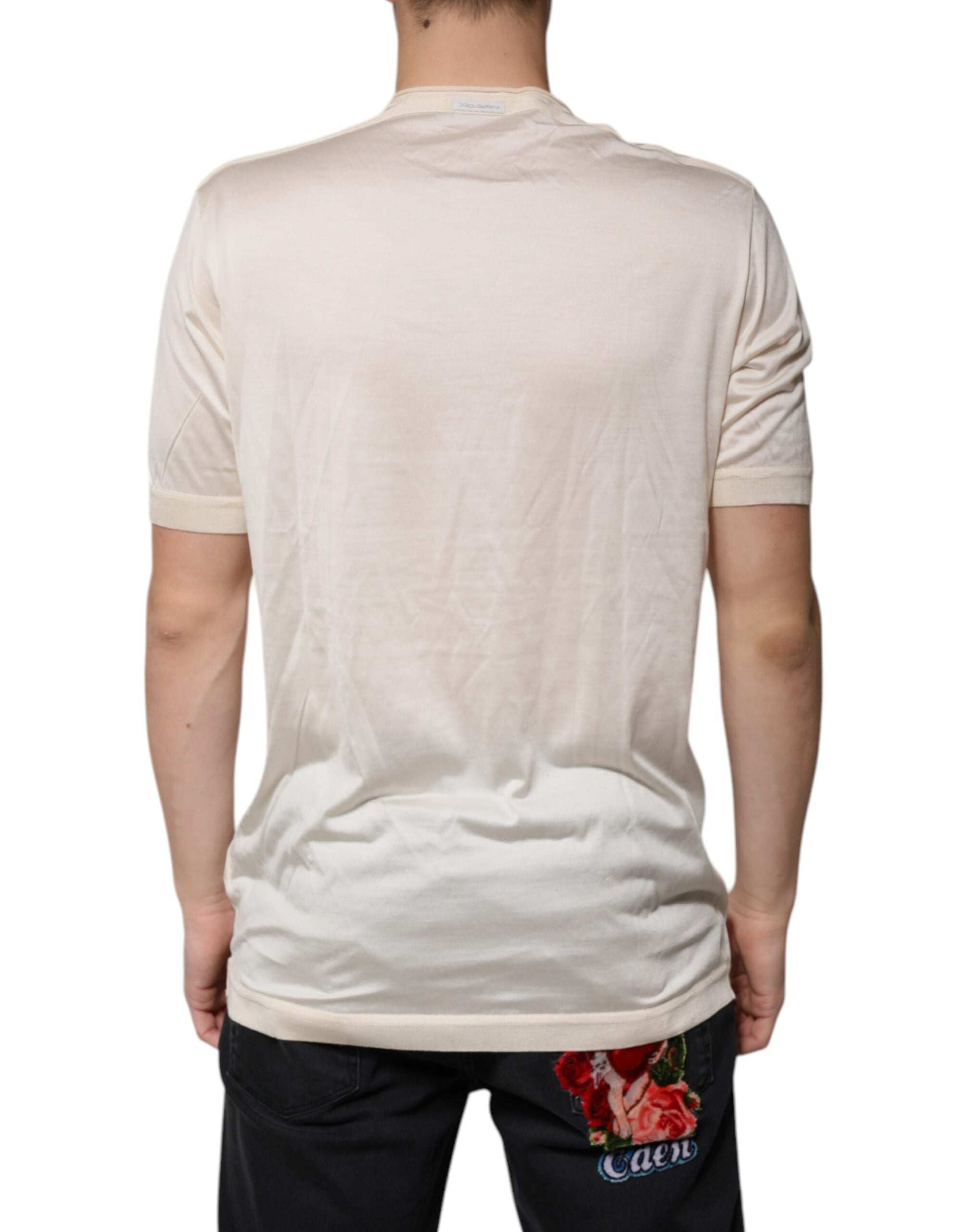Dolce & Gabbana Off White Silk Henley short-sleeved T-shirt-4