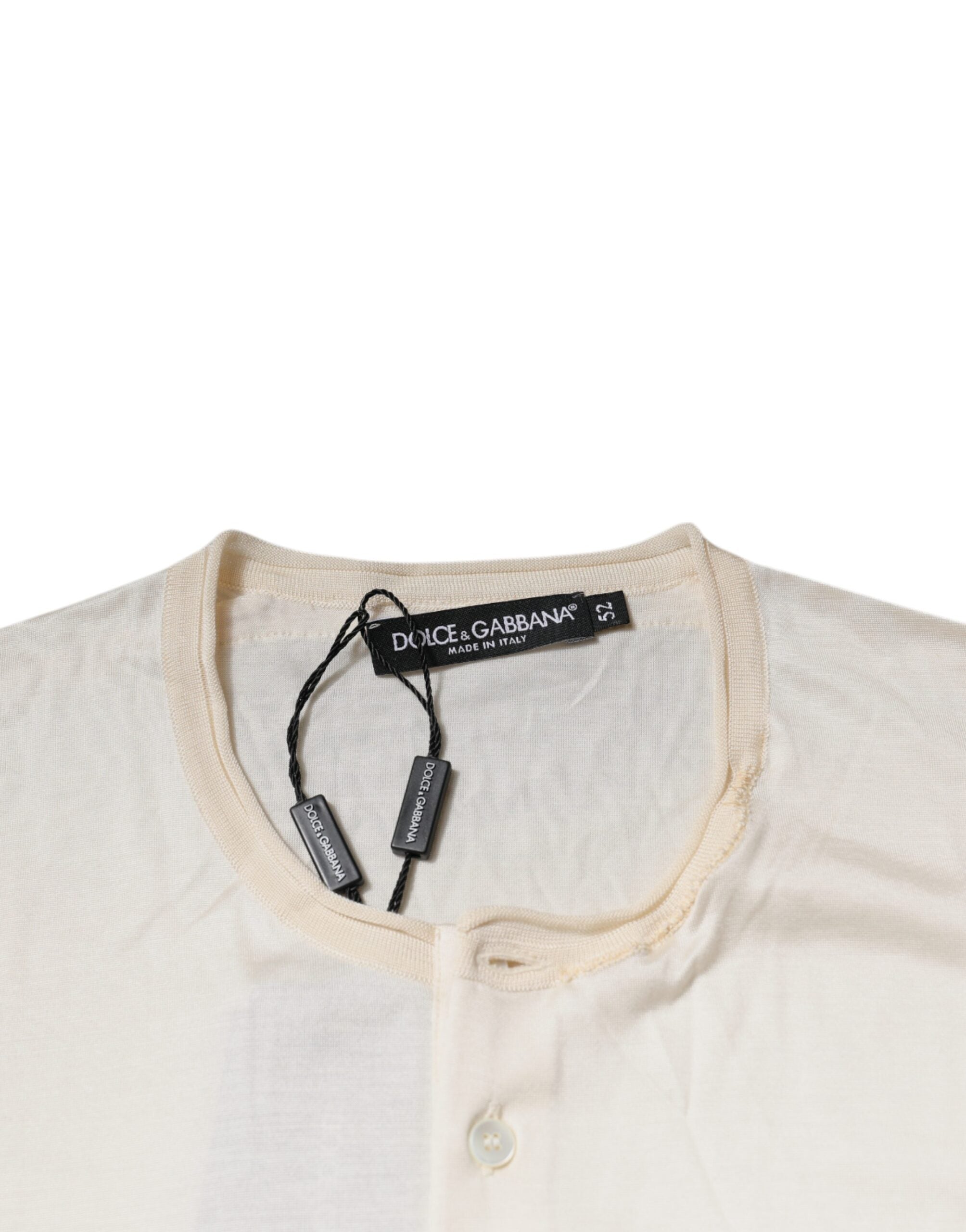 Dolce & Gabbana Off White Silk Henley short-sleeved T-shirt-7