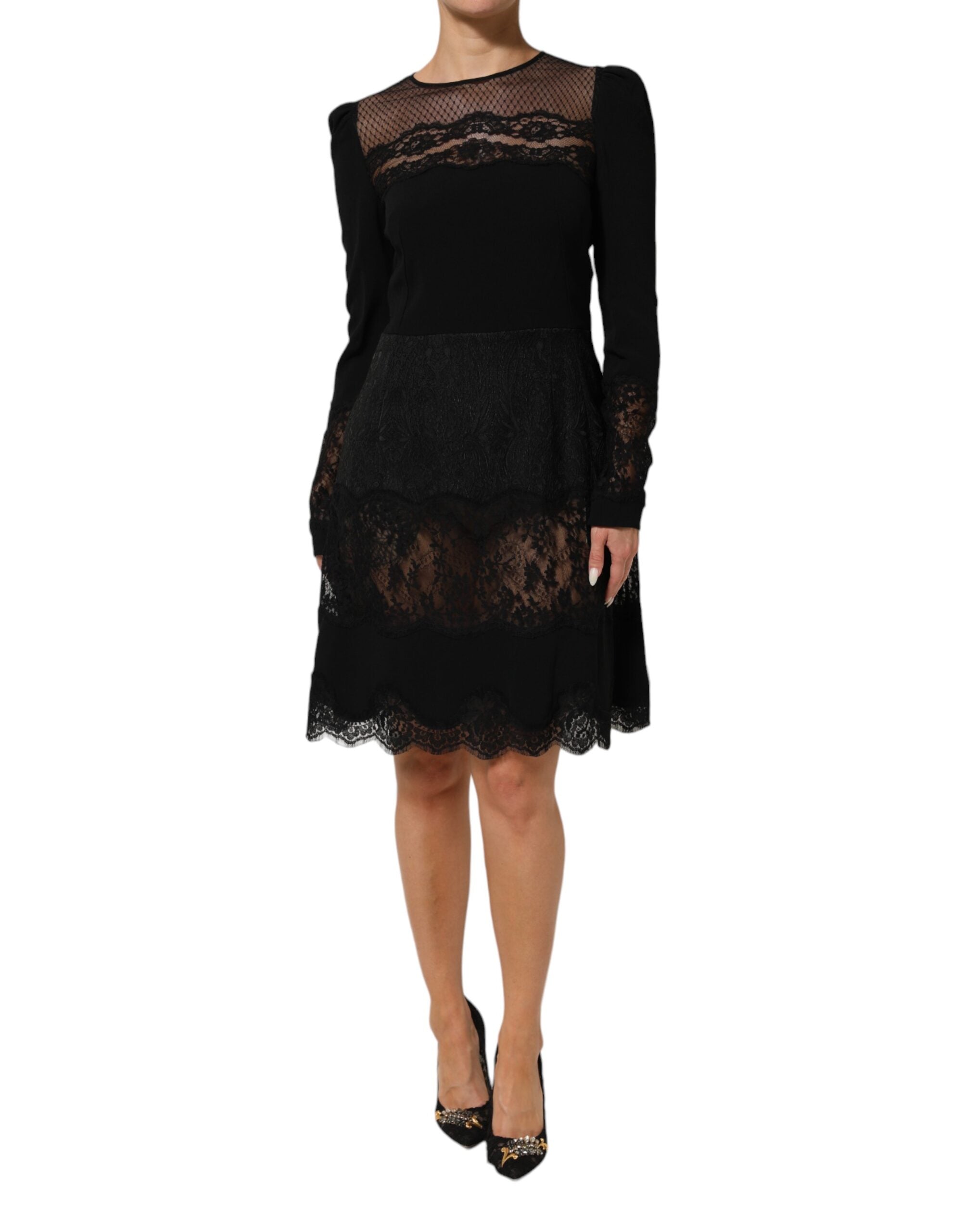 Dolce & Gabbana Black floral A-line dress with lace trim-2