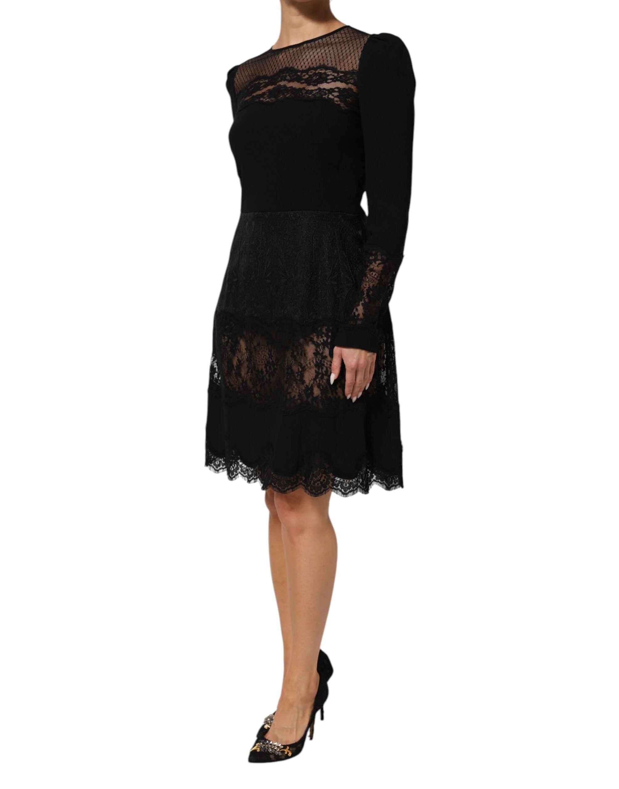 Dolce & Gabbana Black floral A-line dress with lace trim-3