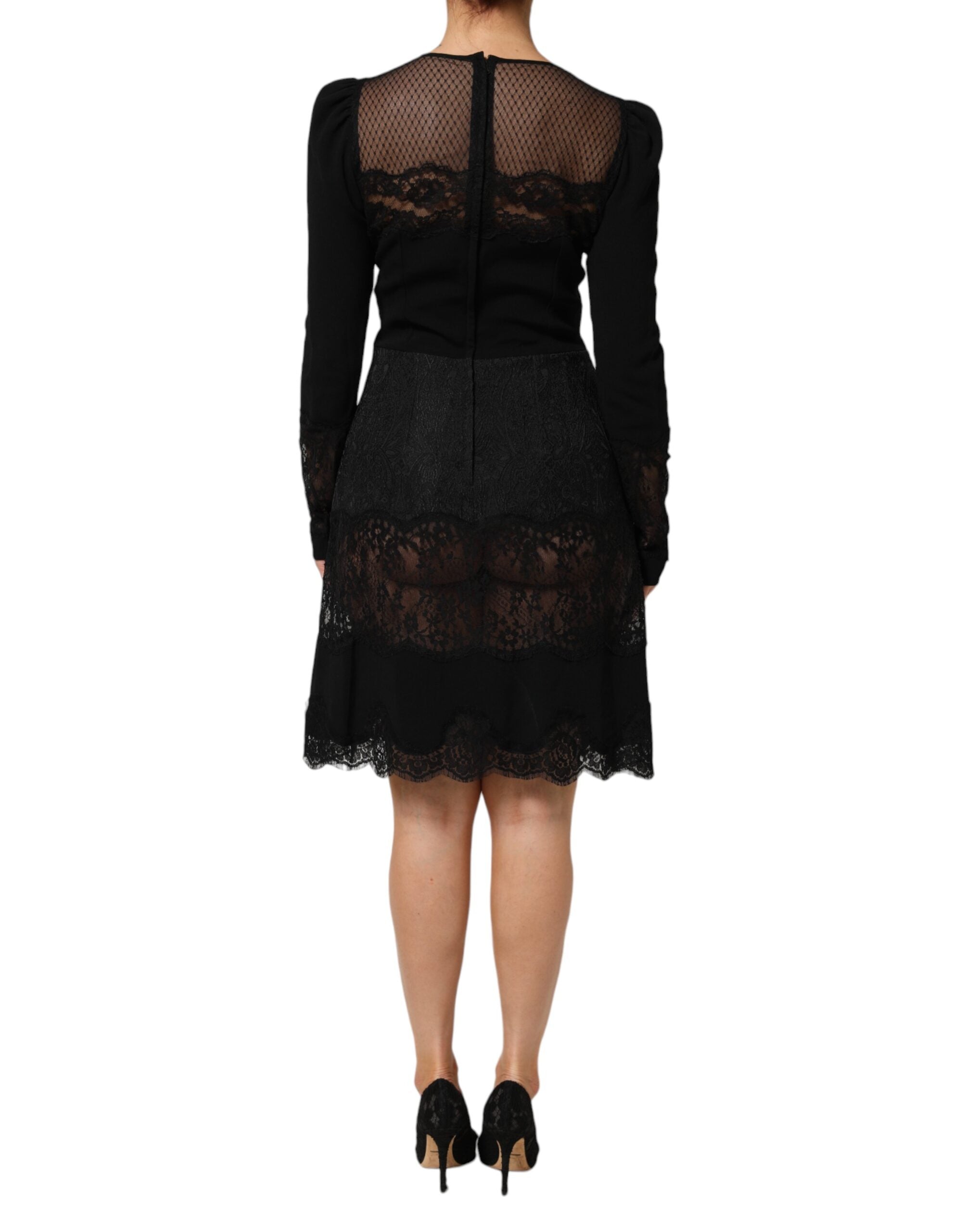 Dolce & Gabbana Black floral A-line dress with lace trim-4