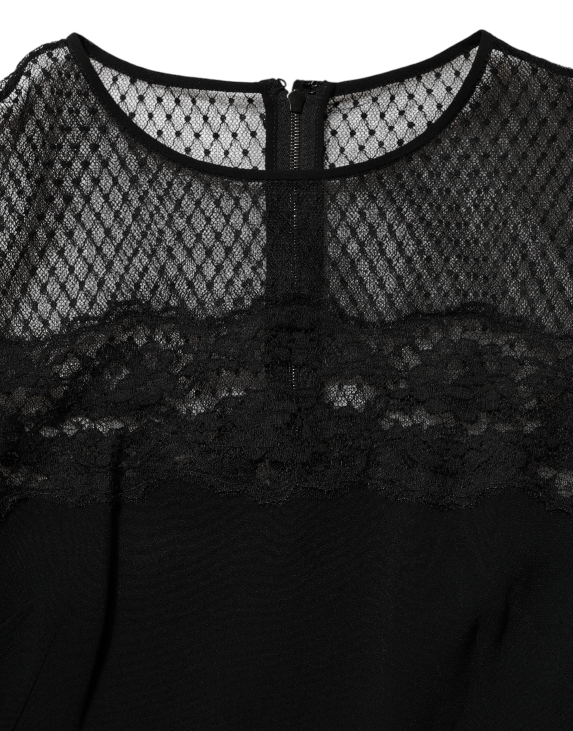 Dolce & Gabbana Black floral A-line dress with lace trim-7