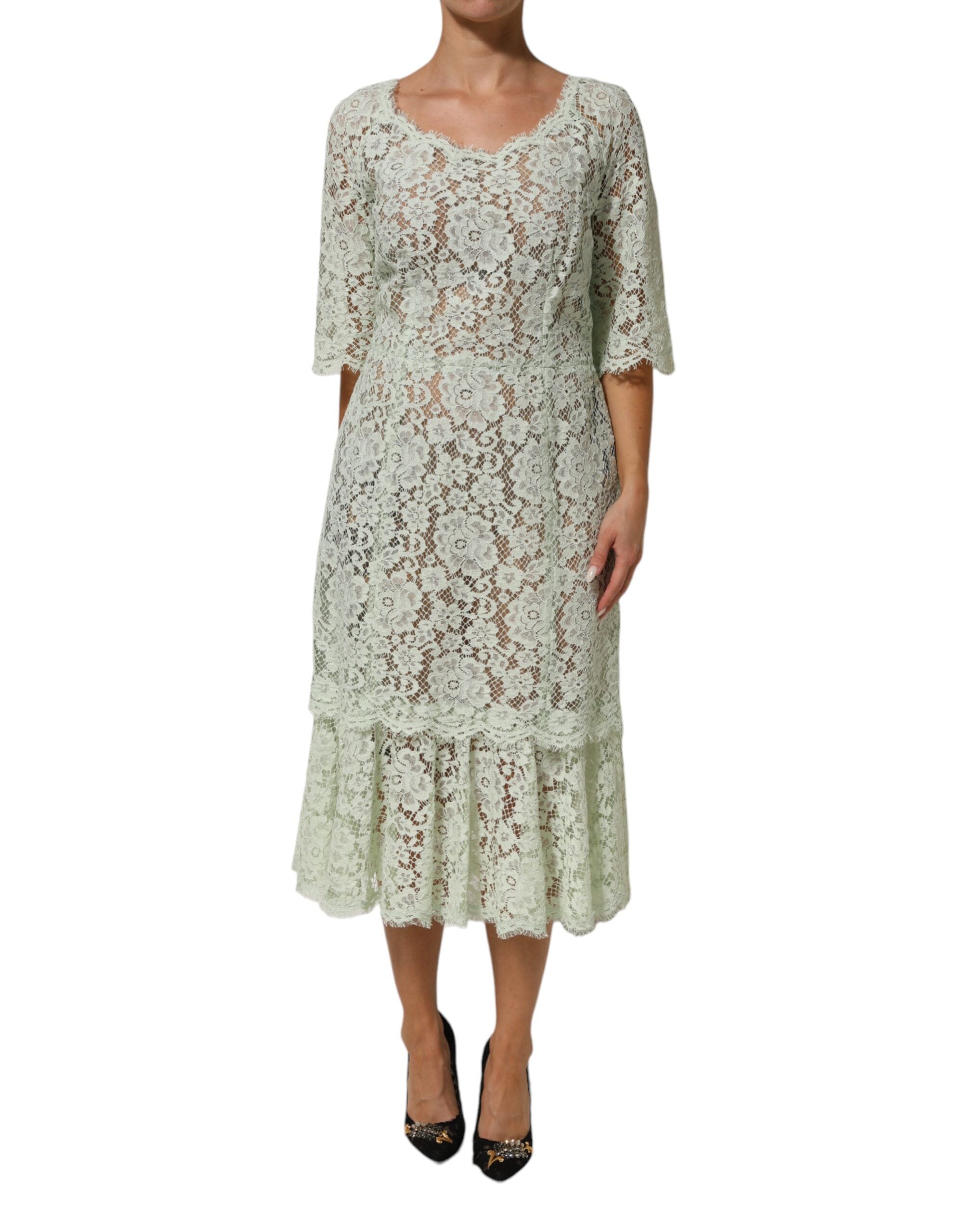 Dolce & Gabbana mint green midi dress with floral pattern and lace trim-1