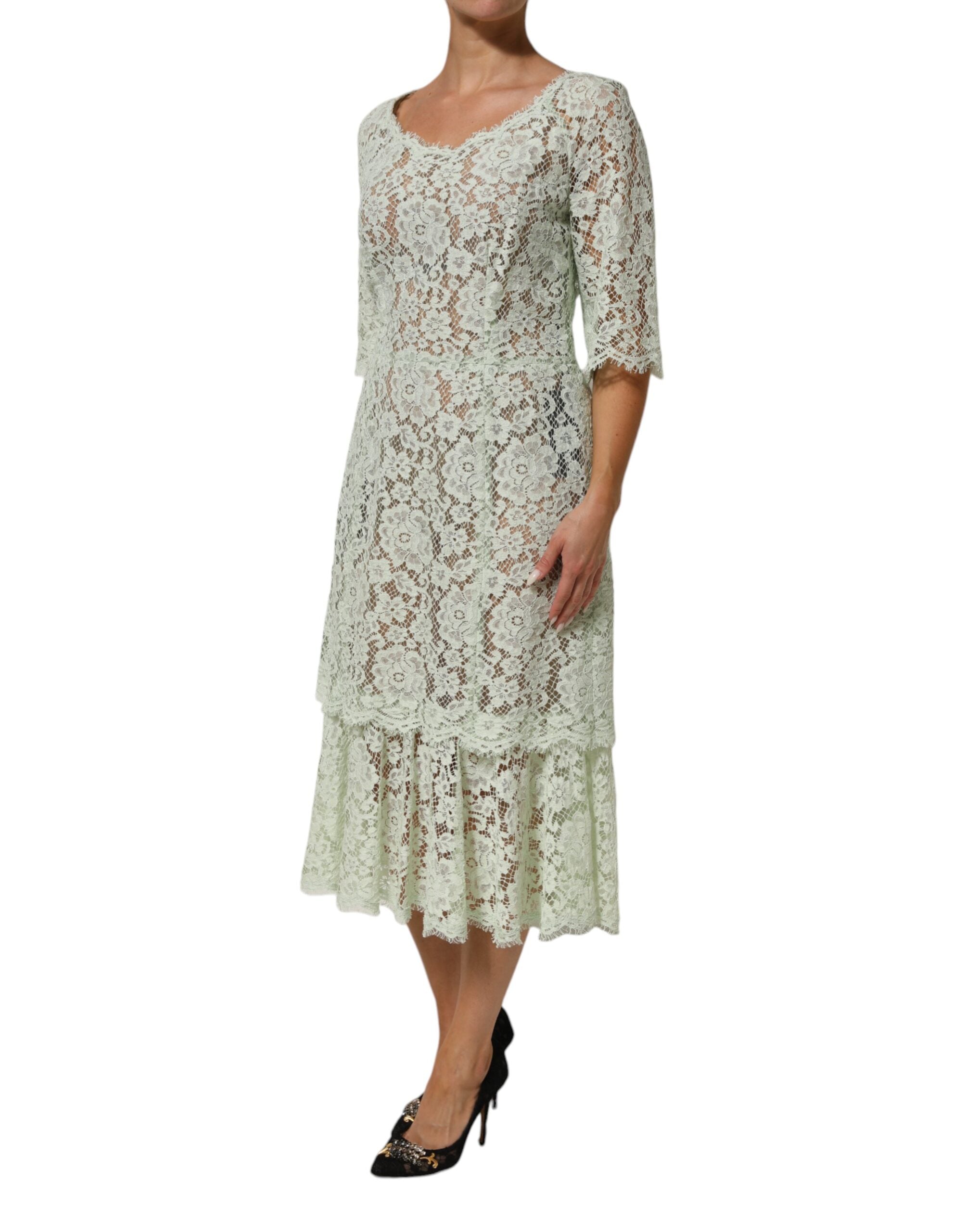 Dolce & Gabbana mint green midi dress with floral pattern and lace trim-3