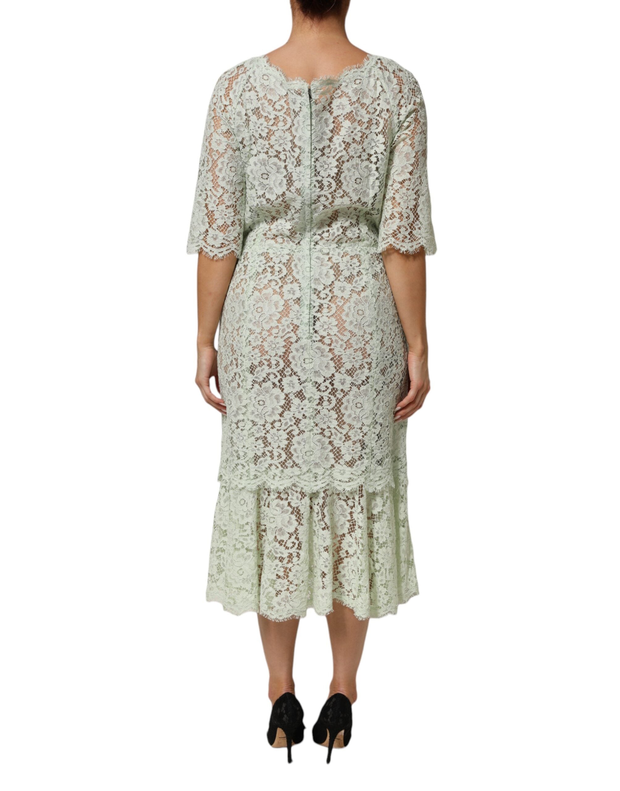Dolce & Gabbana mint green midi dress with floral pattern and lace trim-4