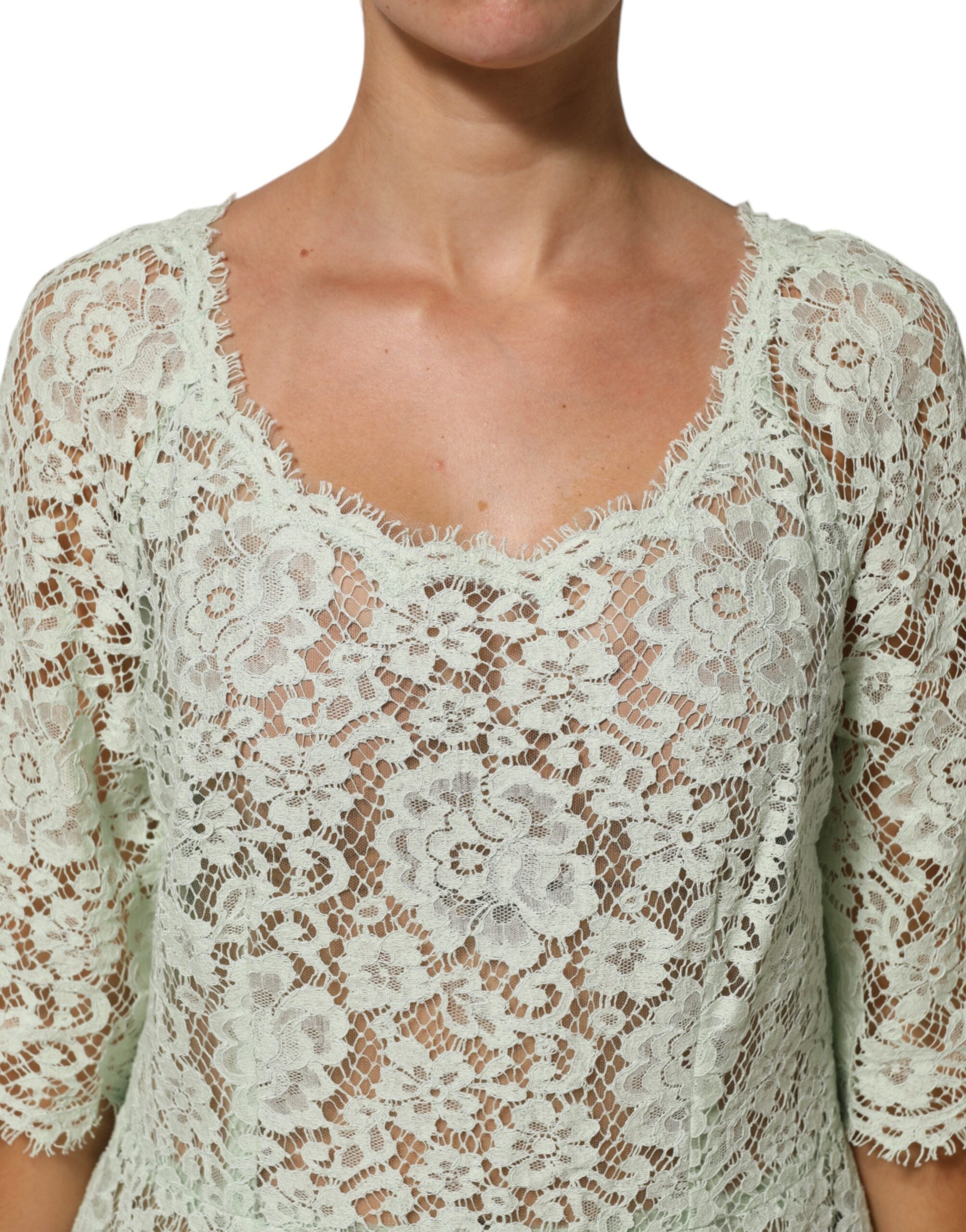 Dolce & Gabbana mint green midi dress with floral pattern and lace trim-5