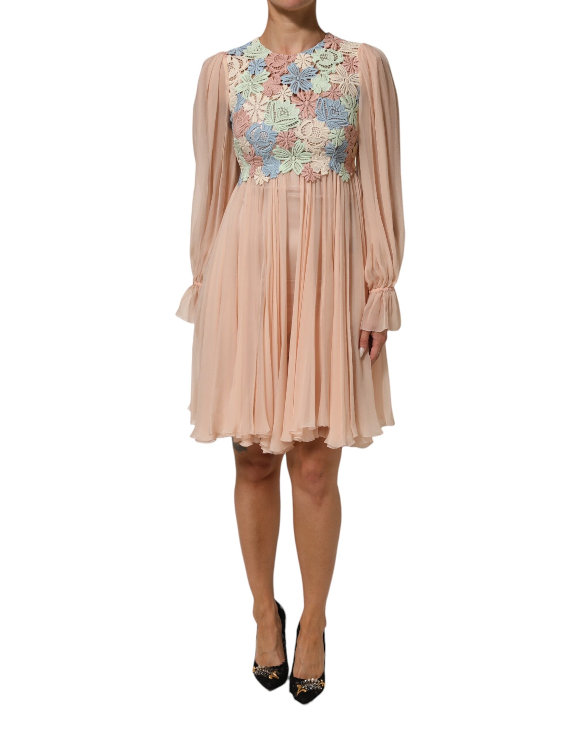 Dolce & Gabbana pink A-line dress with floral embroidery and pleats-2