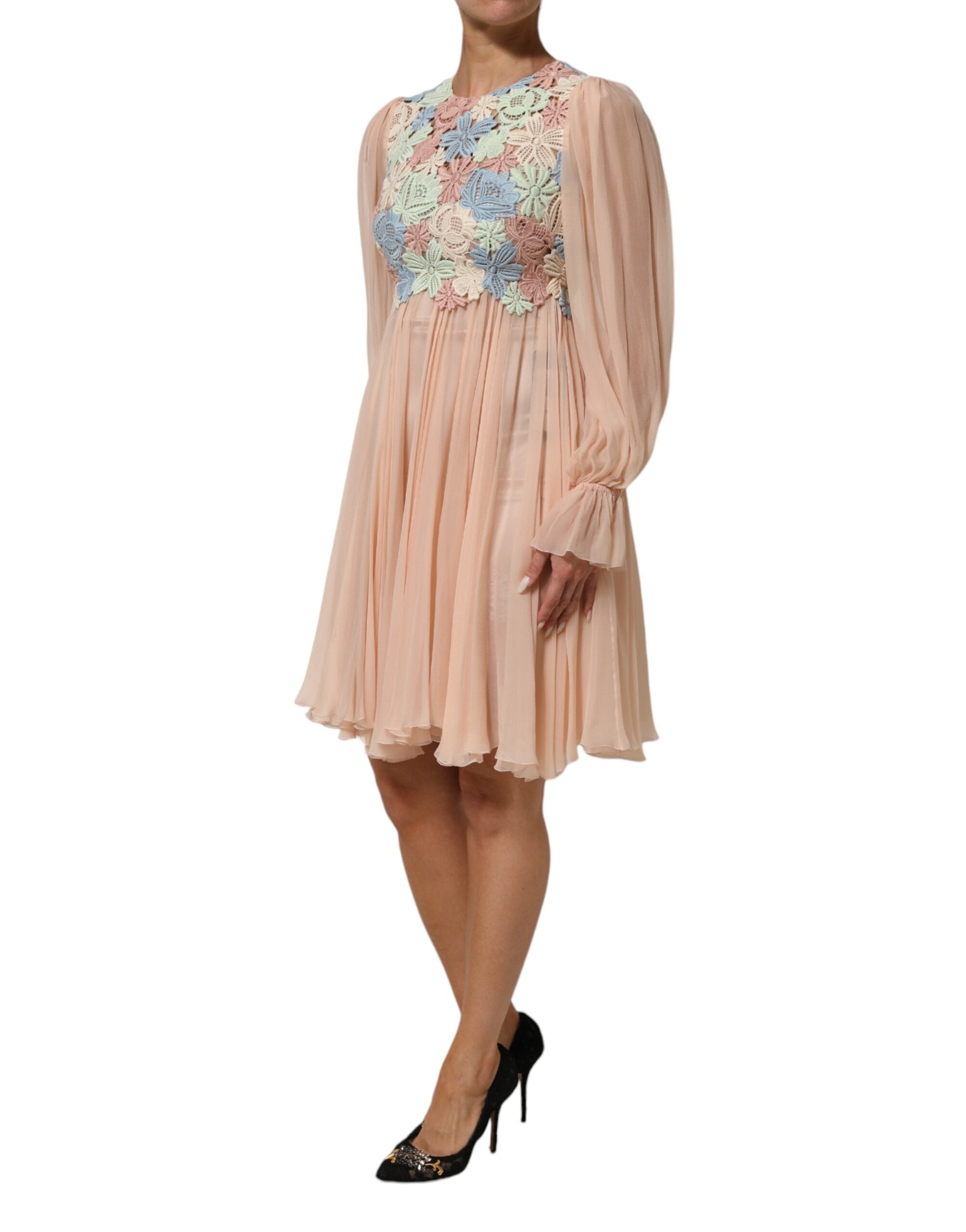 Dolce & Gabbana pink A-line dress with floral embroidery and pleats-3