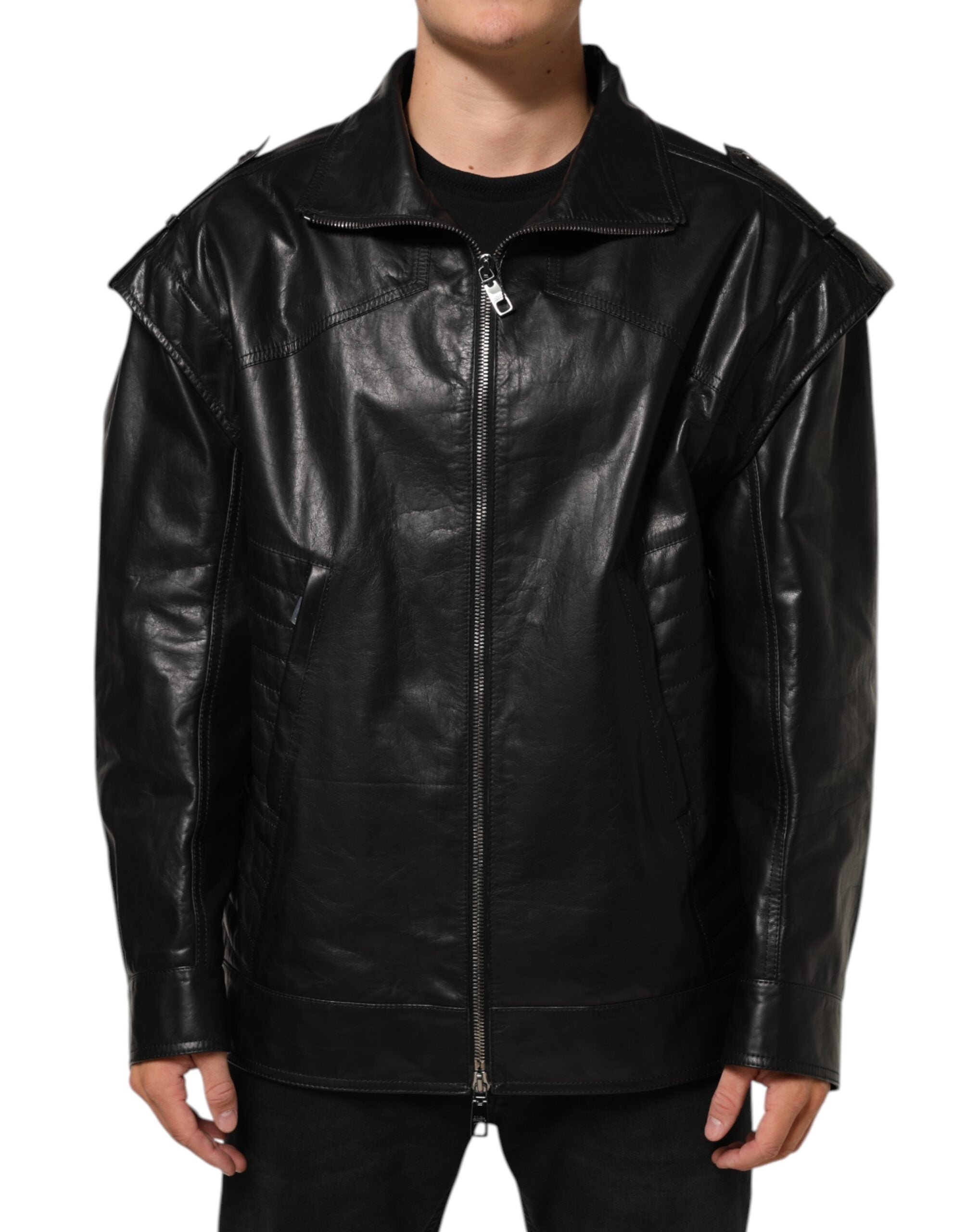 Dolce & Gabbana Black Leather Biker Blouson Jacket with Full Zip