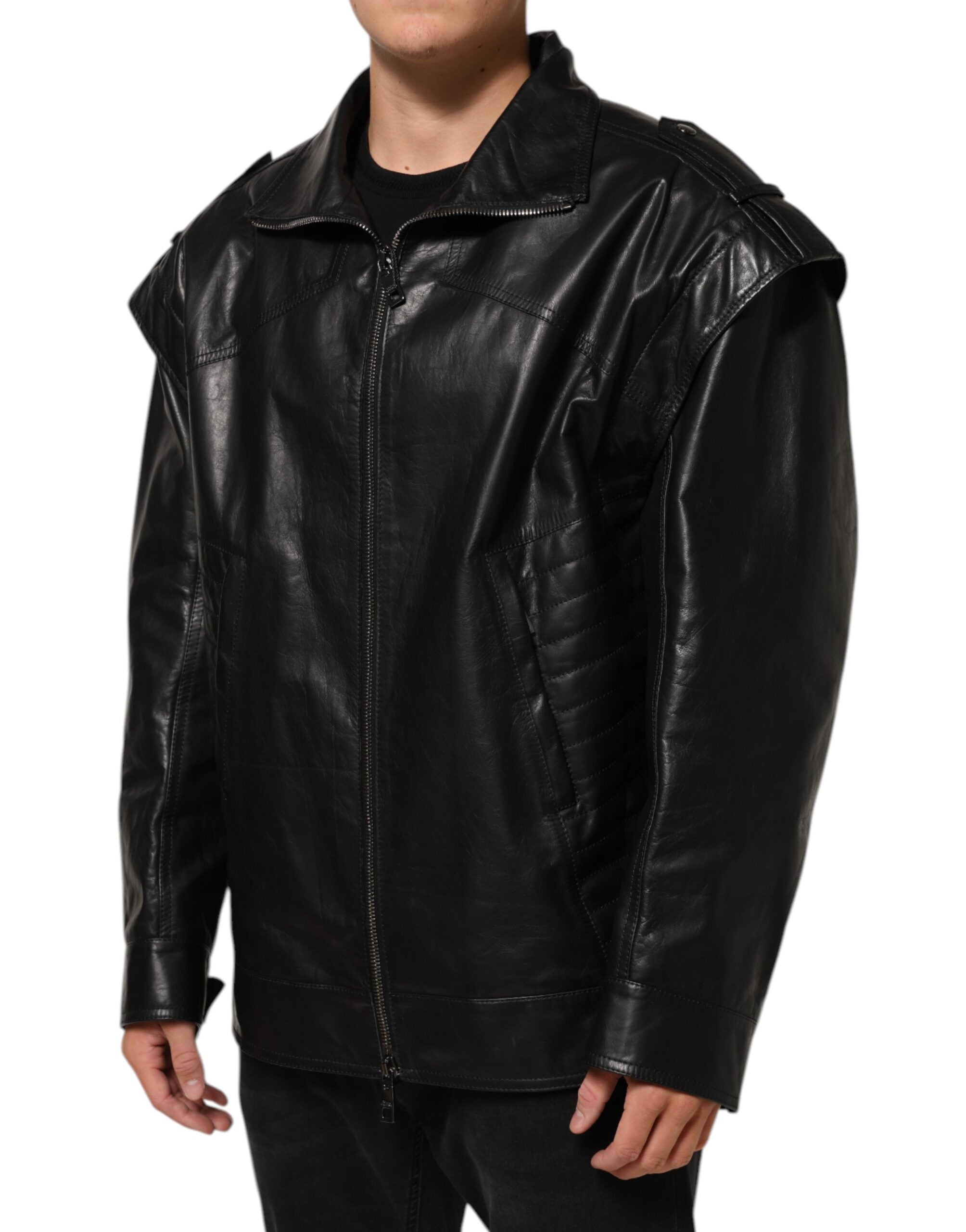 Dolce & Gabbana Black Leather Biker Blouson Jacket with Full Zip-3