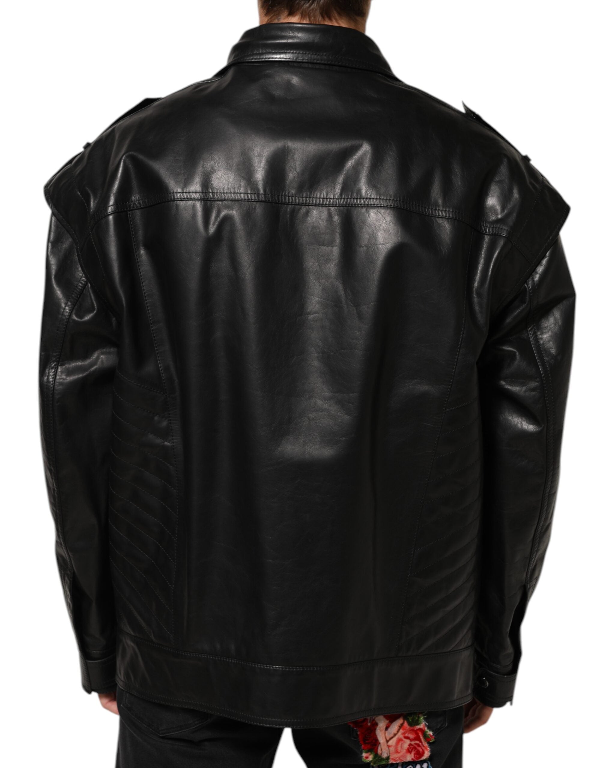 Dolce & Gabbana Black Leather Biker Blouson Jacket with Full Zip-4