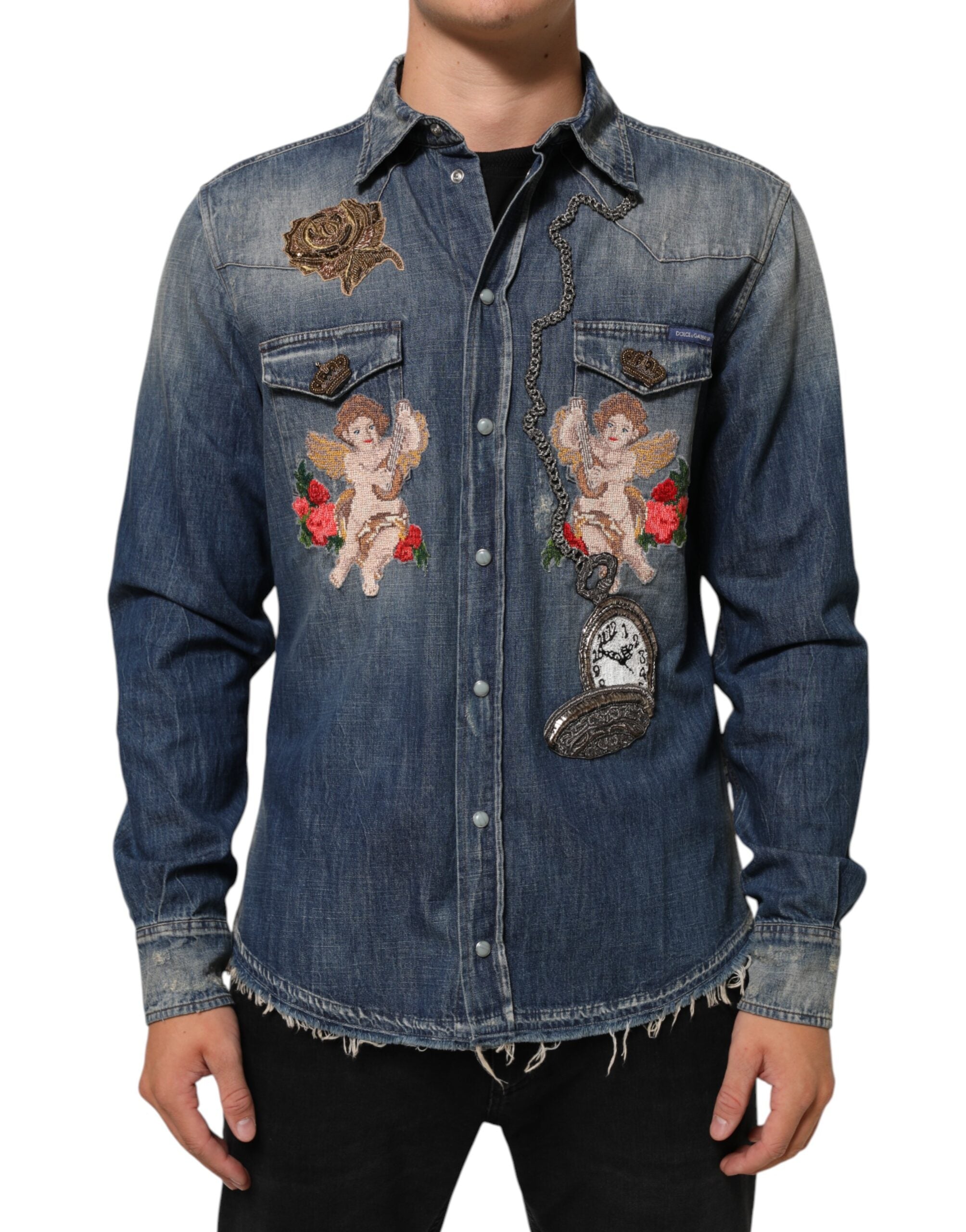 Camisa vaquera con botones y parche de ángel azul de Dolce & Gabbana para hombre-2